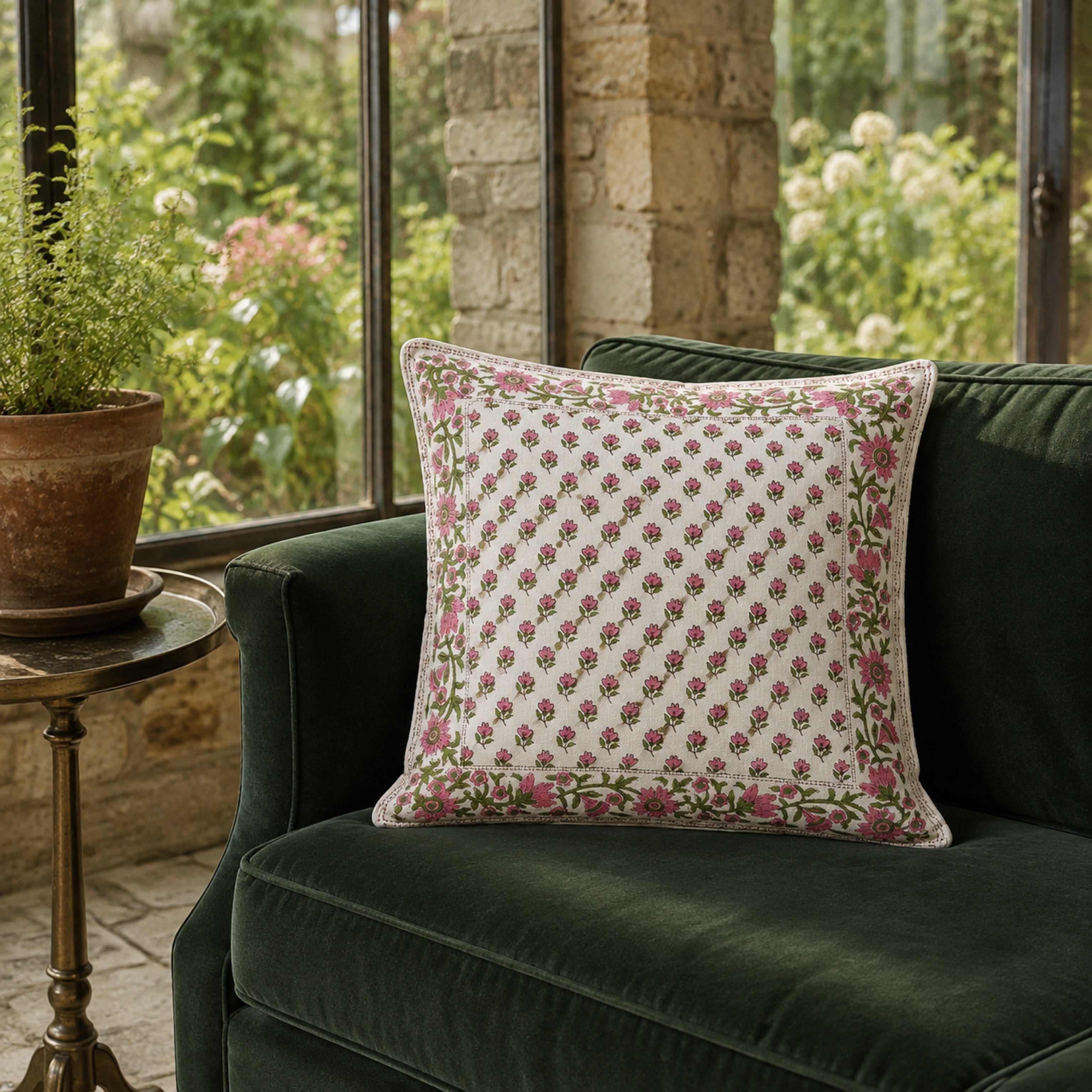 Pink Bud Floral Border Cushion Cover