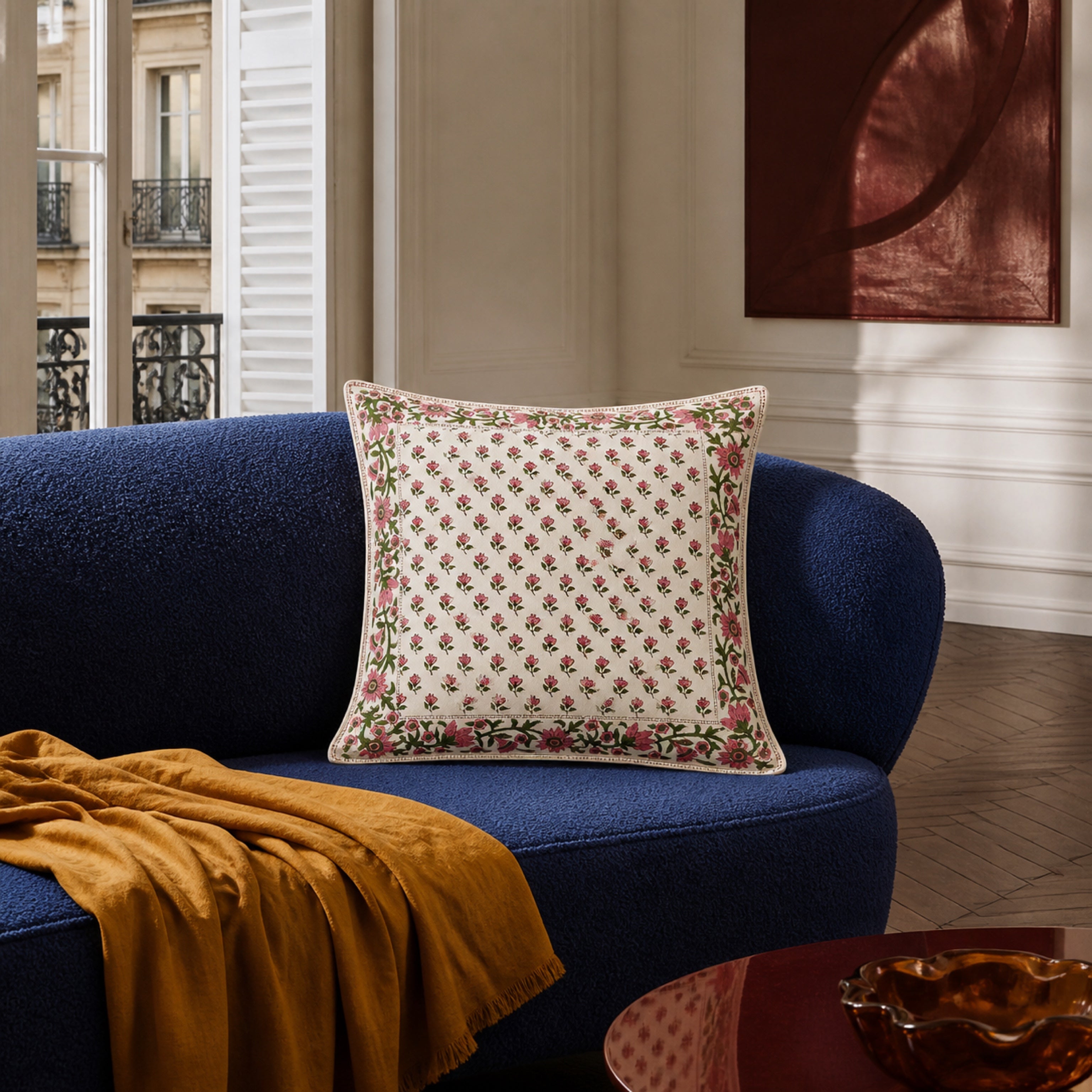 Pink Bud Floral Border Cushion Cover