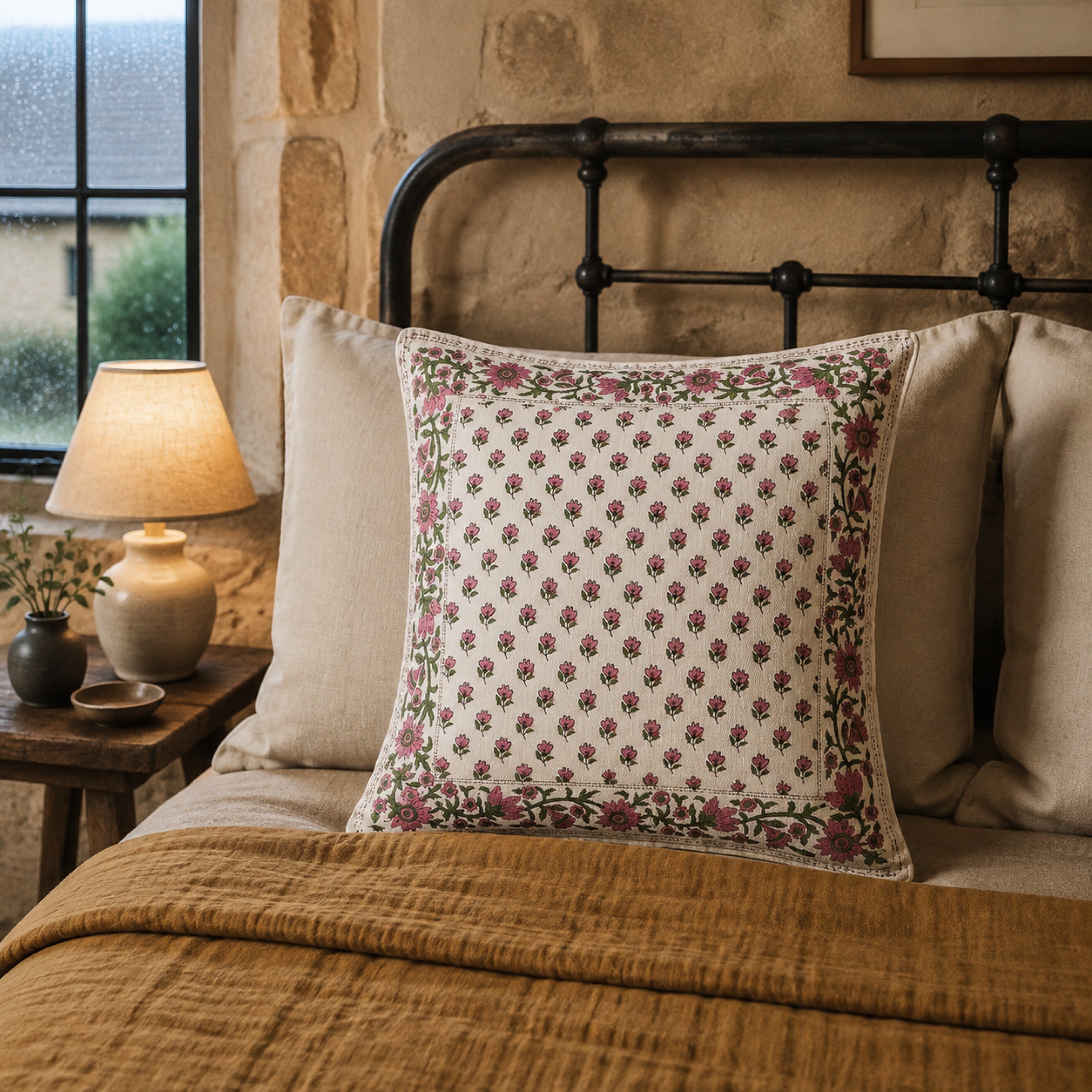 Pink Bud Floral Border Cushion Cover