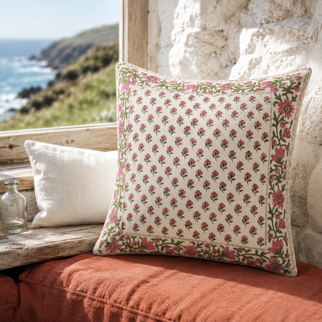 Pink Bud Floral Border Cushion Cover