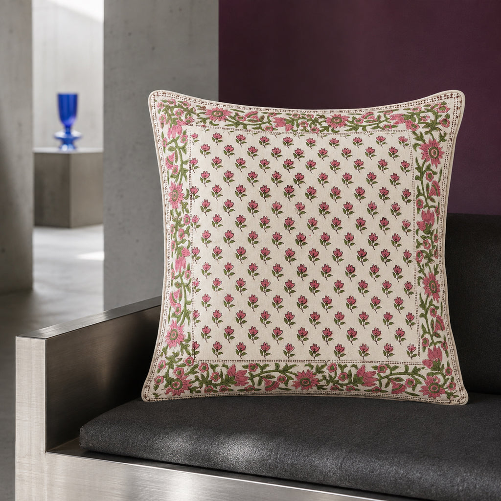 Pink Bud Floral Border Cushion Cover