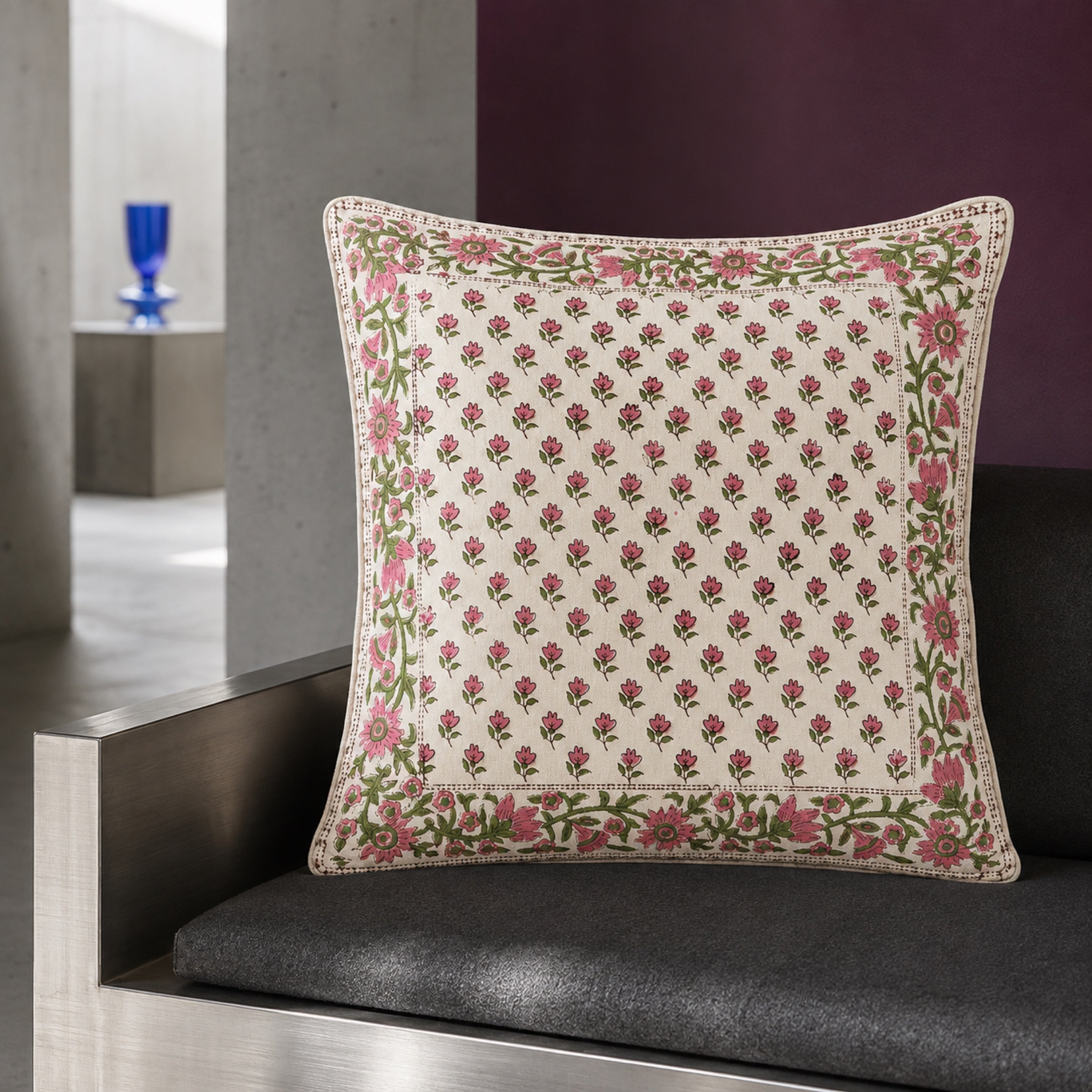 Pink Bud Floral Border Cushion Cover