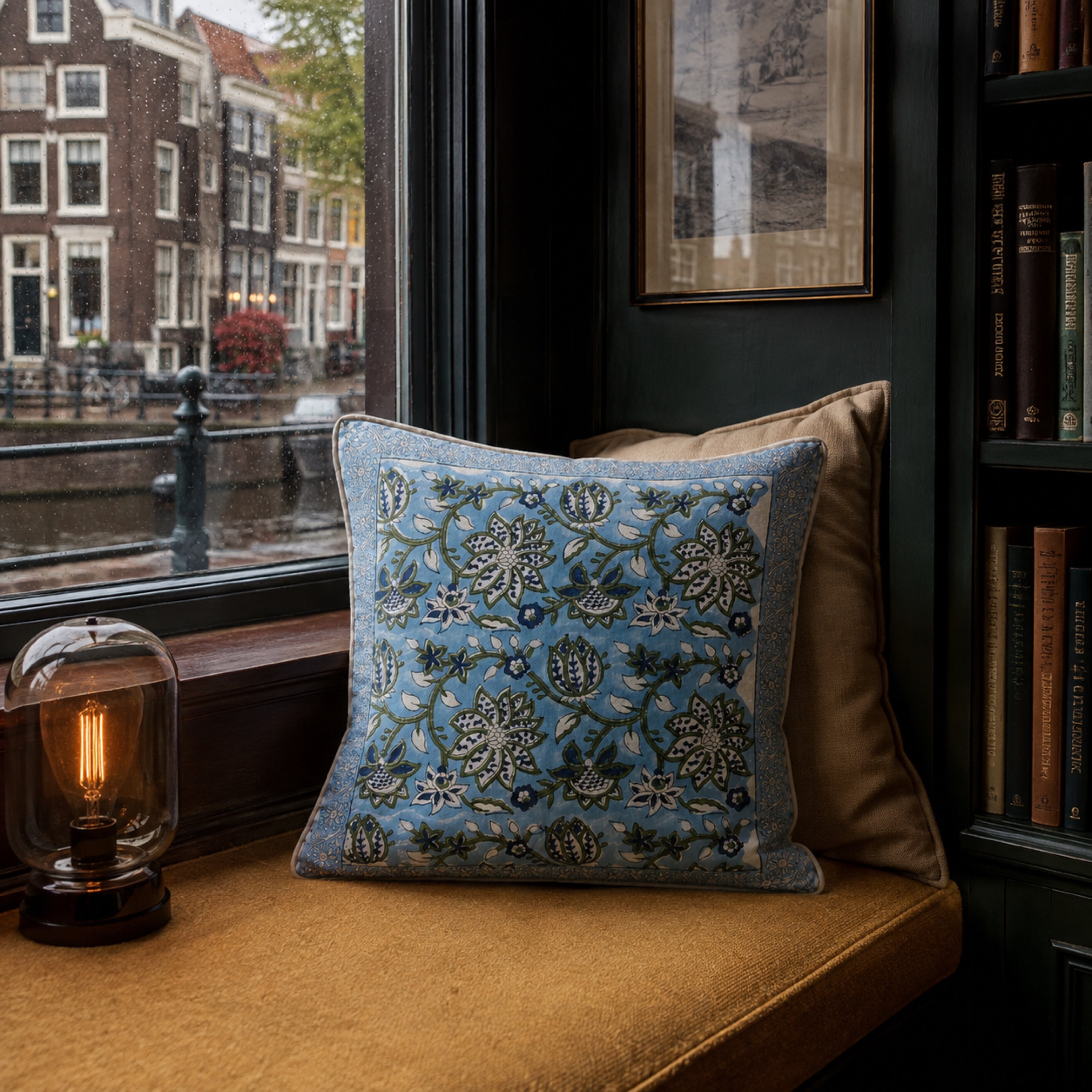 Sky Blue Lotus Vine Cushion Cover, styled in a seating or bedroom setting.