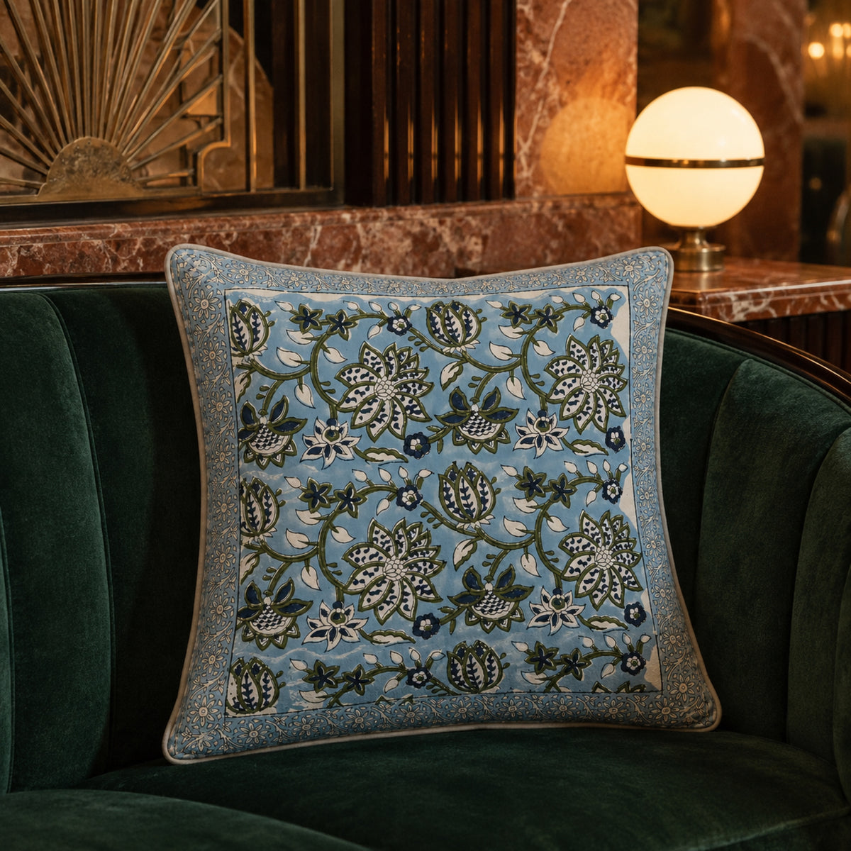 Sky Blue Lotus Vine Cushion Cover, close-up of the print and edge details.