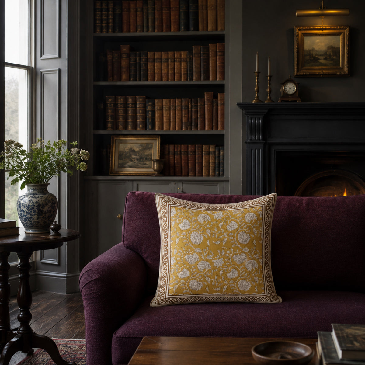 Ochre Floral Vine Cushion Cover, styled in a seating or bedroom setting.