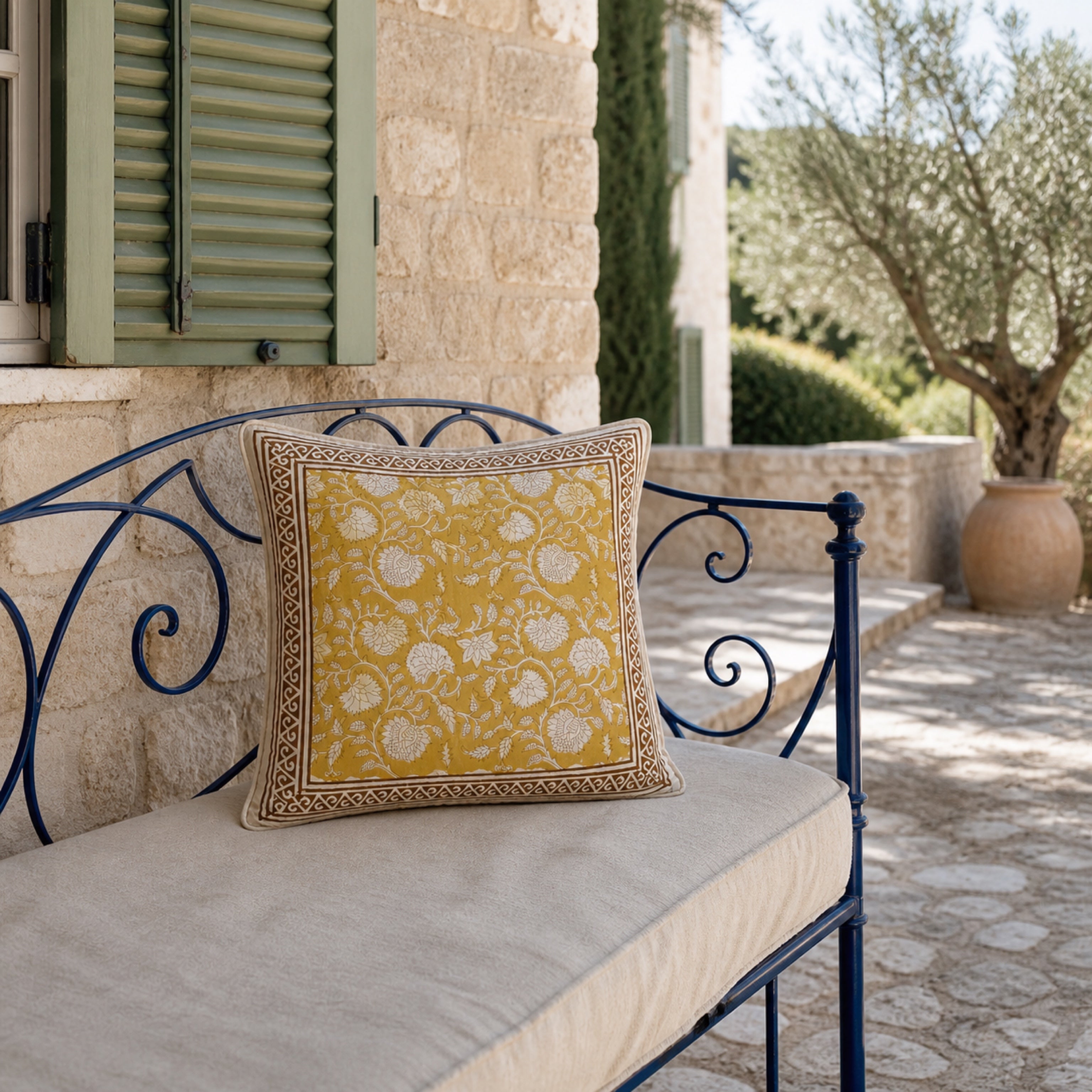 Ochre Floral Vine Cushion Cover, styled in a seating or bedroom setting.