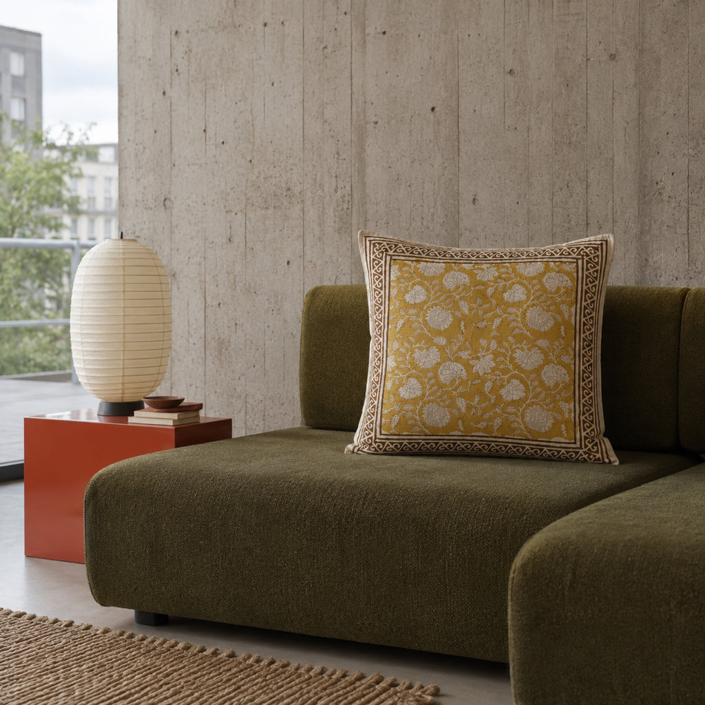 Ochre Floral Vine Cushion Cover, styled in a seating or bedroom setting.