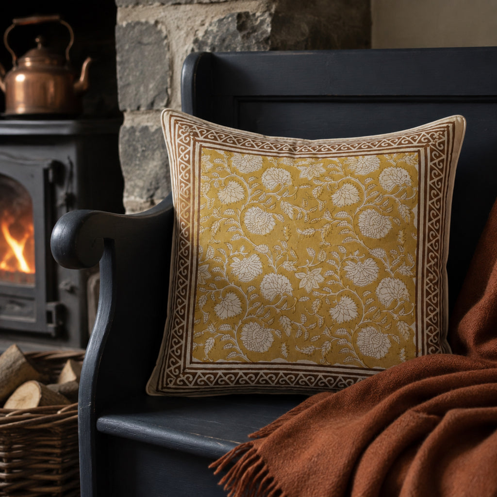 Ochre Floral Vine Cushion Cover, styled in a seating or bedroom setting.