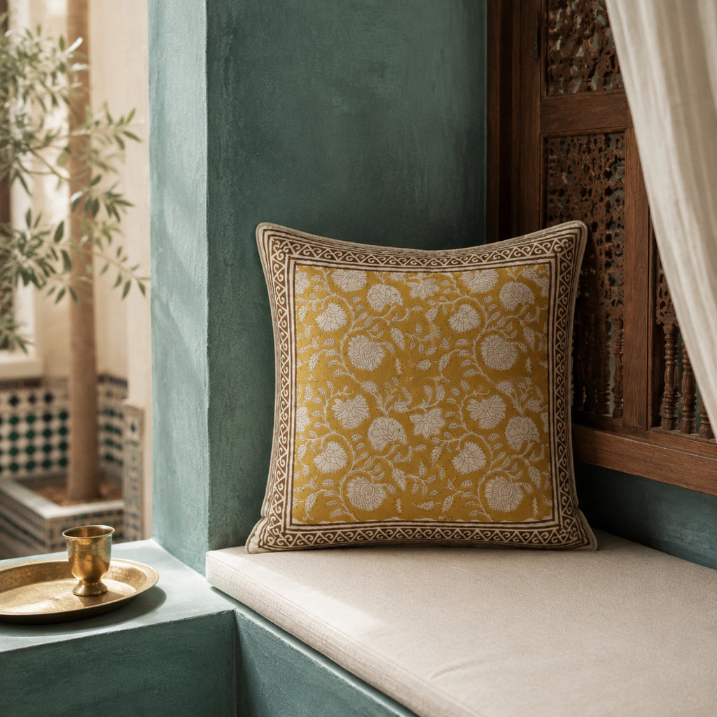 Ochre Floral Vine Cushion Cover, styled in a seating or bedroom setting.