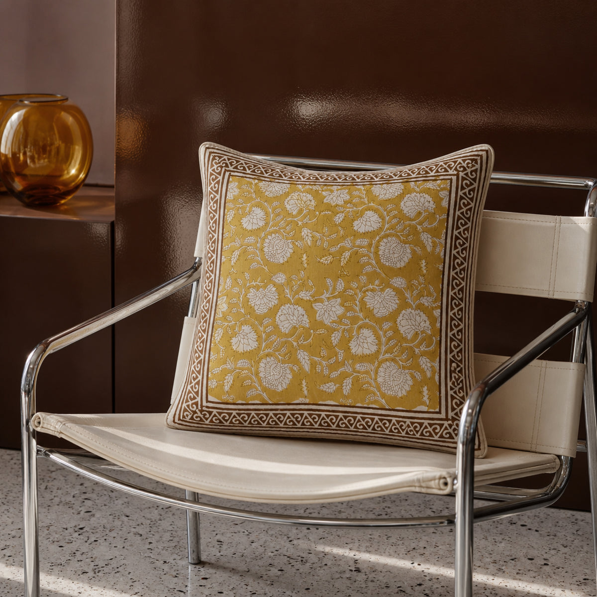 Ochre Floral Vine Cushion Cover, styled in a seating or bedroom setting.