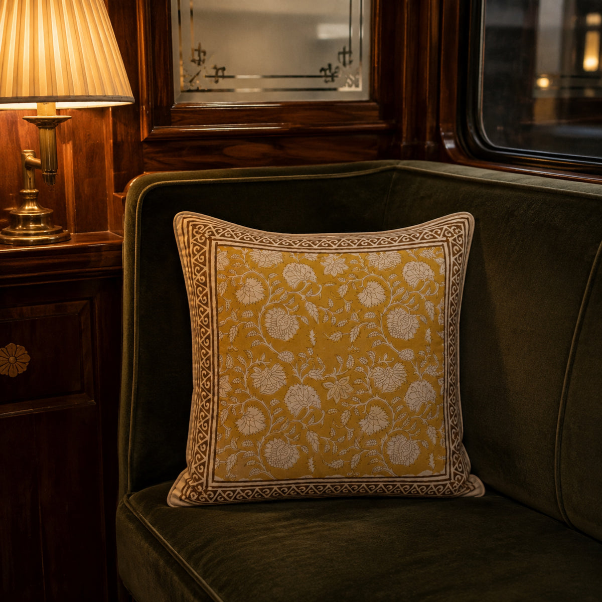 Ochre Floral Vine Cushion Cover, close-up of the print and edge details.