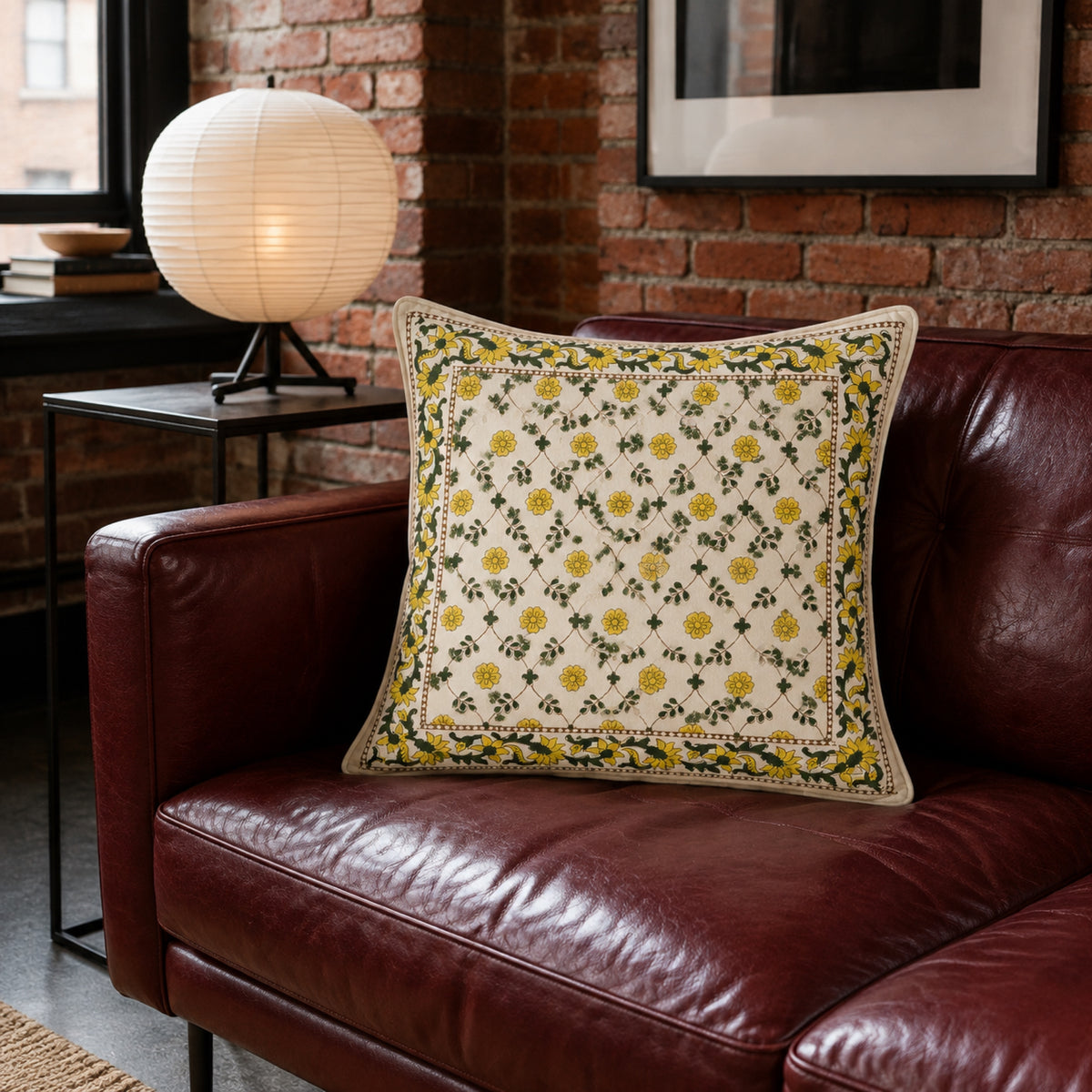 Yellow Trellis Floral Cushion Cover, styled in a seating or bedroom setting.