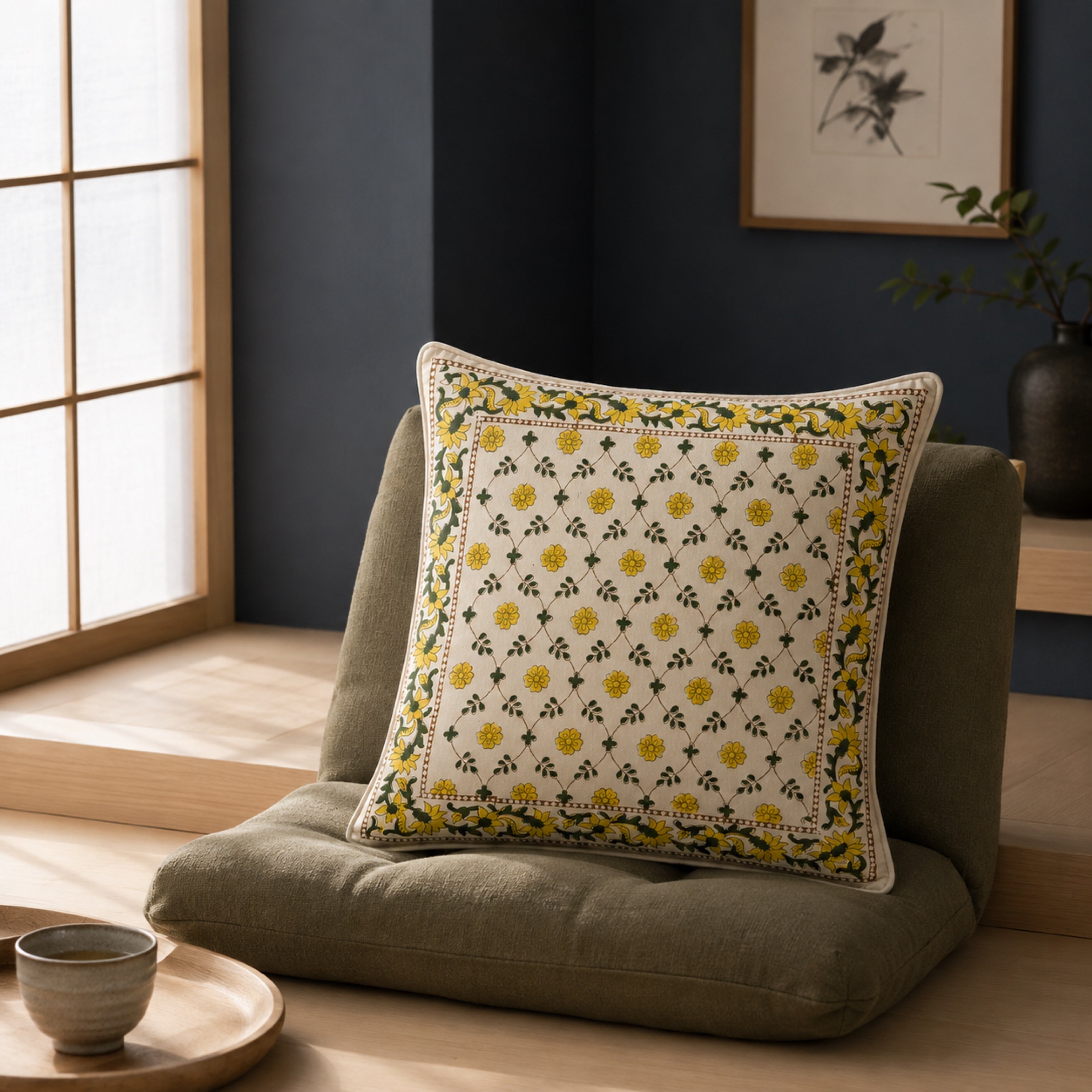 Yellow Trellis Floral Cushion Cover, styled in a seating or bedroom setting.