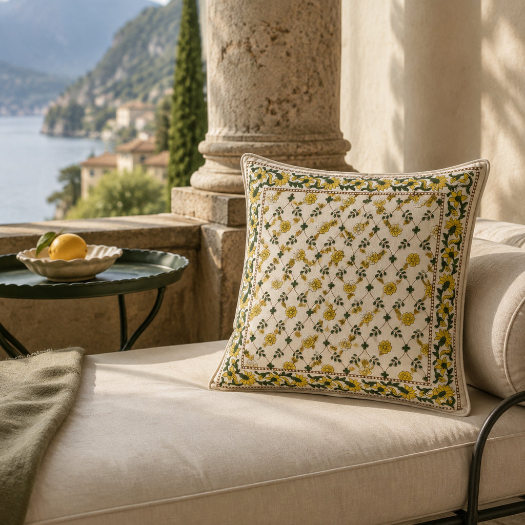 Yellow Trellis Floral Cushion Cover, styled in a seating or bedroom setting.