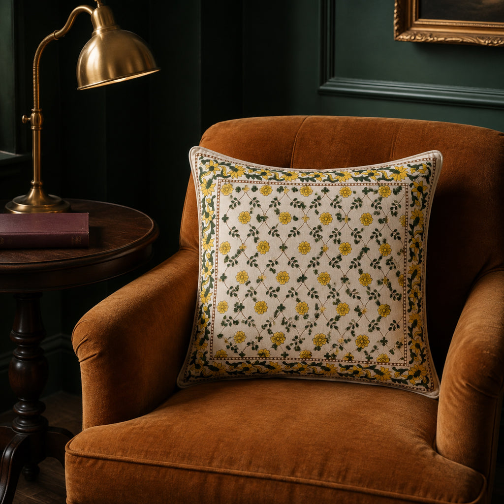 Yellow Trellis Floral Cushion Cover, styled in a seating or bedroom setting.