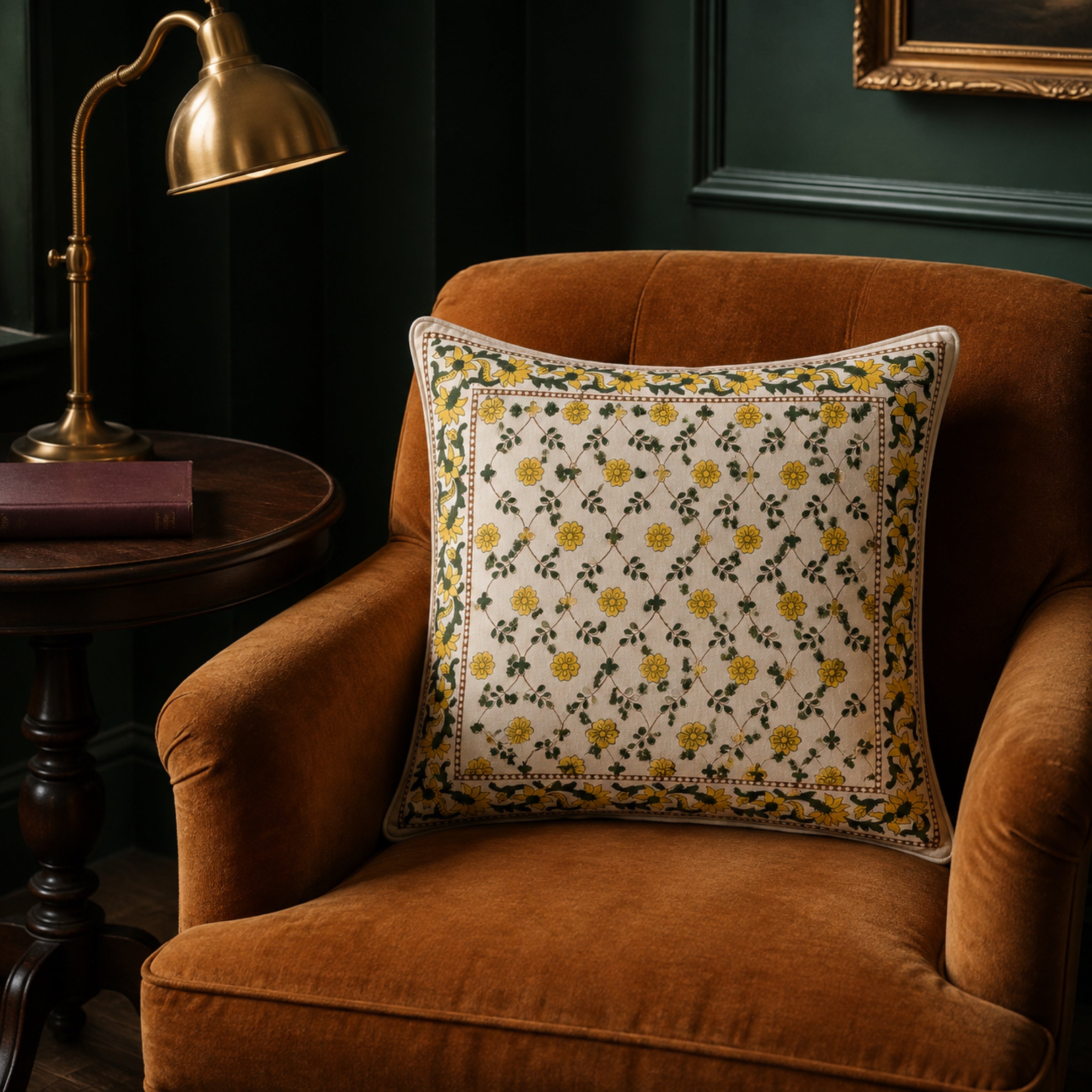 Yellow Trellis Floral Cushion Cover, styled in a seating or bedroom setting.
