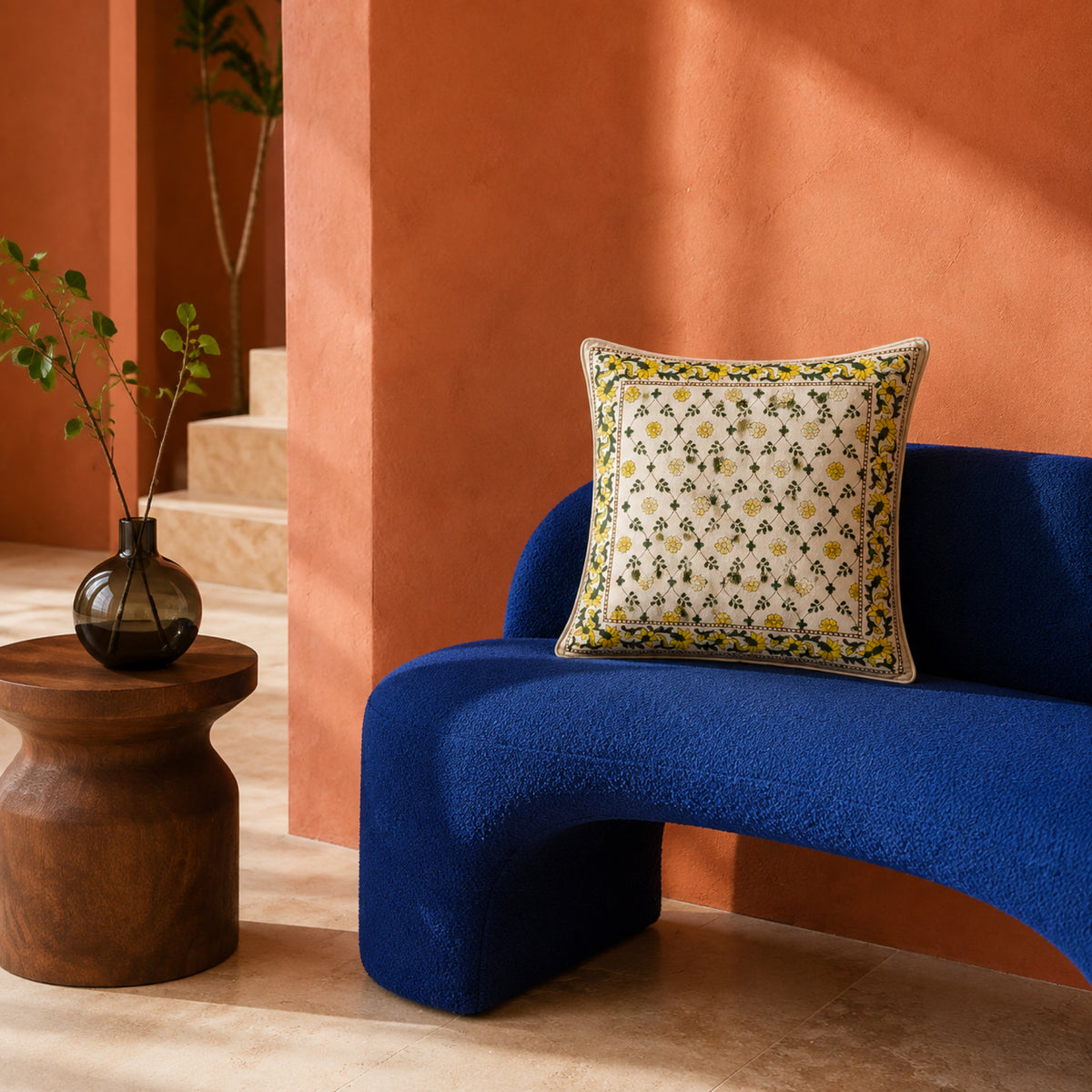 Yellow Trellis Floral Cushion Cover, styled in a seating or bedroom setting.