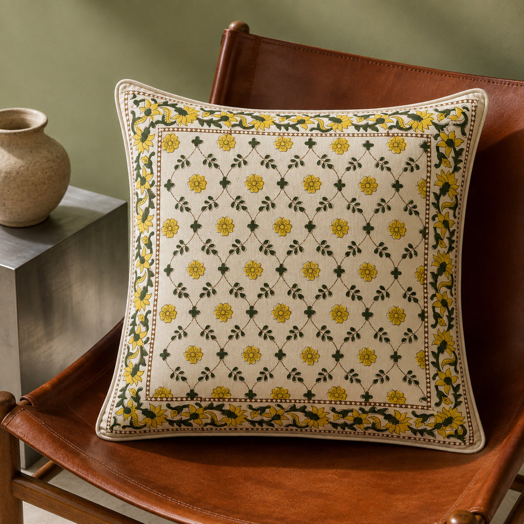 Yellow Trellis Floral Cushion Cover, close-up of the print and edge details.