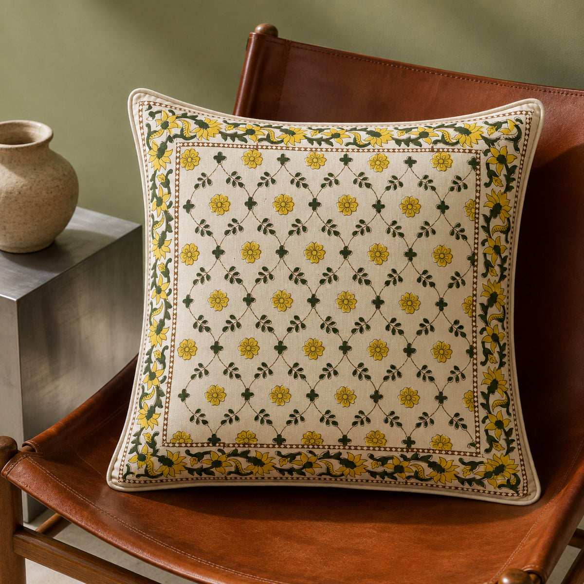Yellow Trellis Floral Cushion Cover, close-up of the print and edge details.