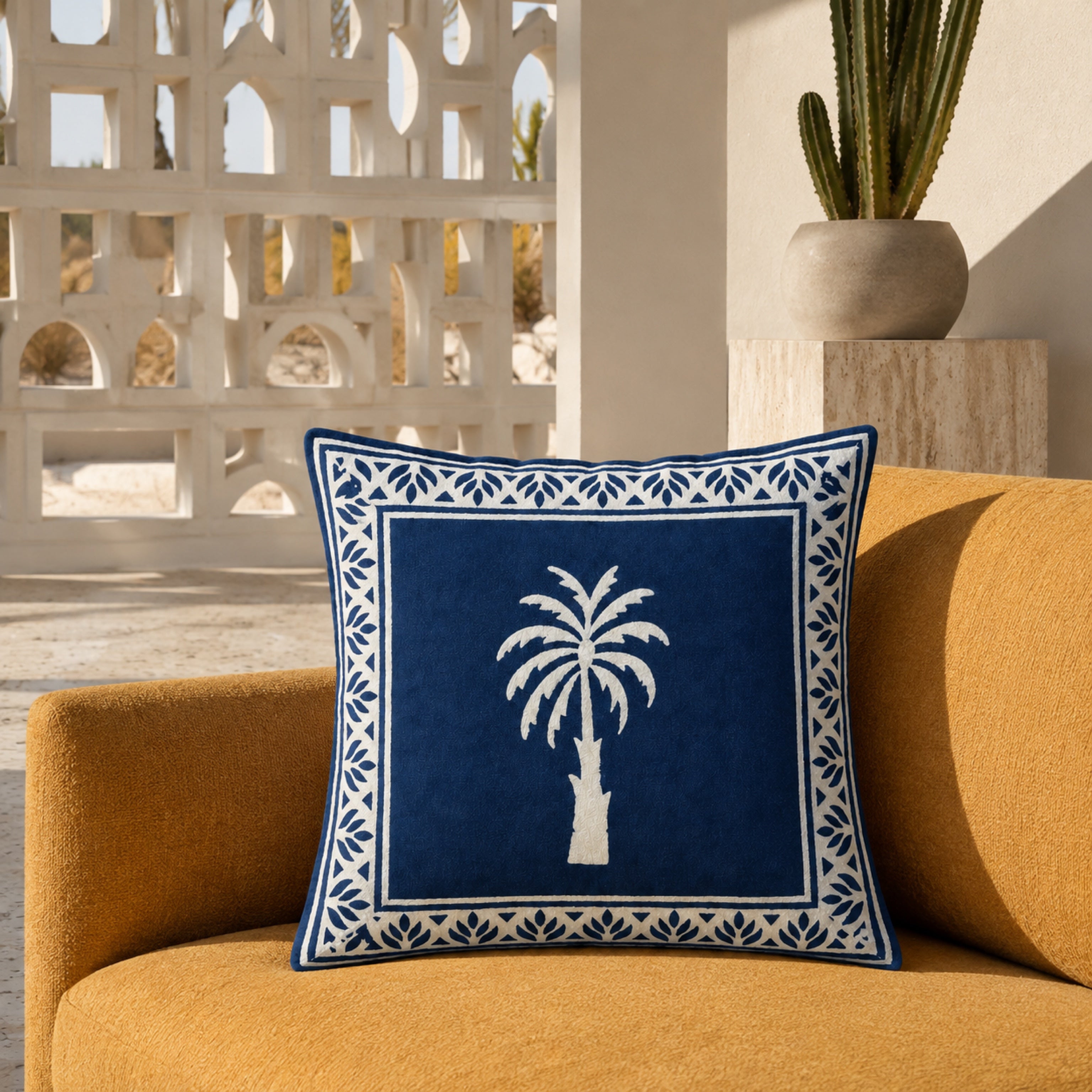 Indigo Palm Cushion Cover, styled in a seating or bedroom setting.