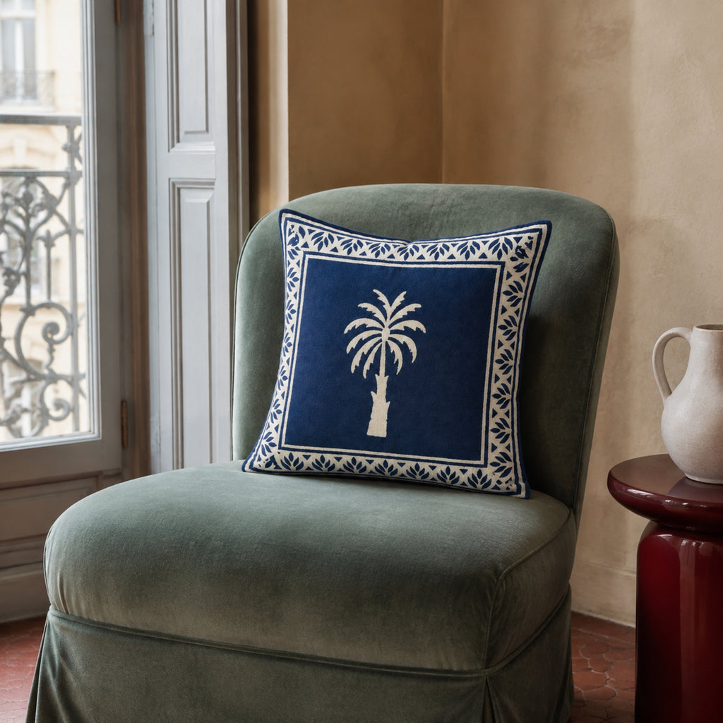 Indigo Palm Cushion Cover, styled in a seating or bedroom setting.