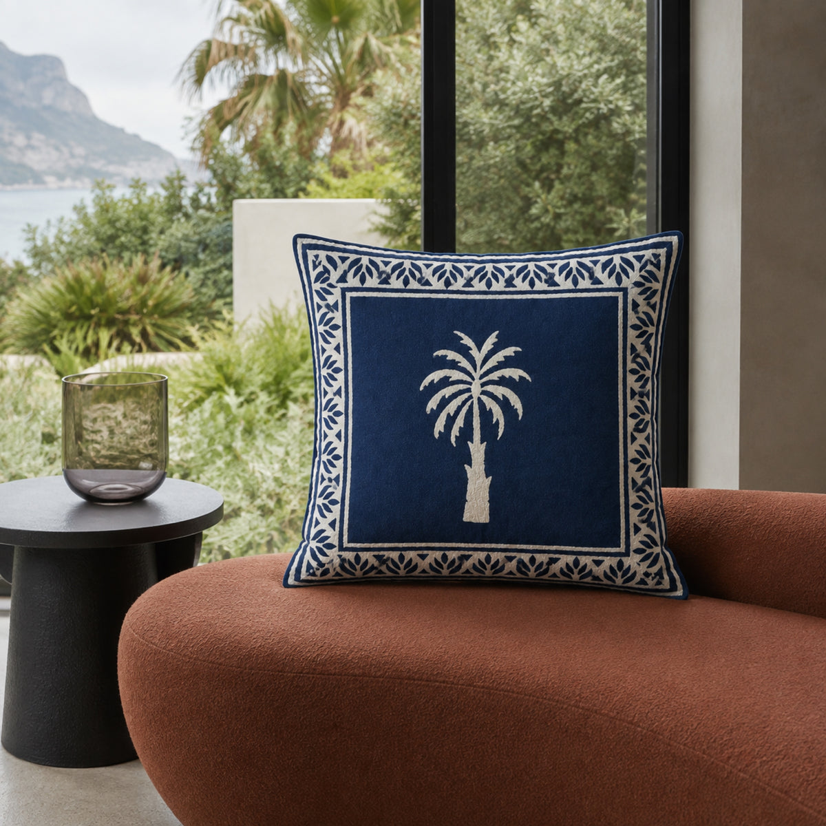 Indigo Palm Cushion Cover, styled in a seating or bedroom setting.