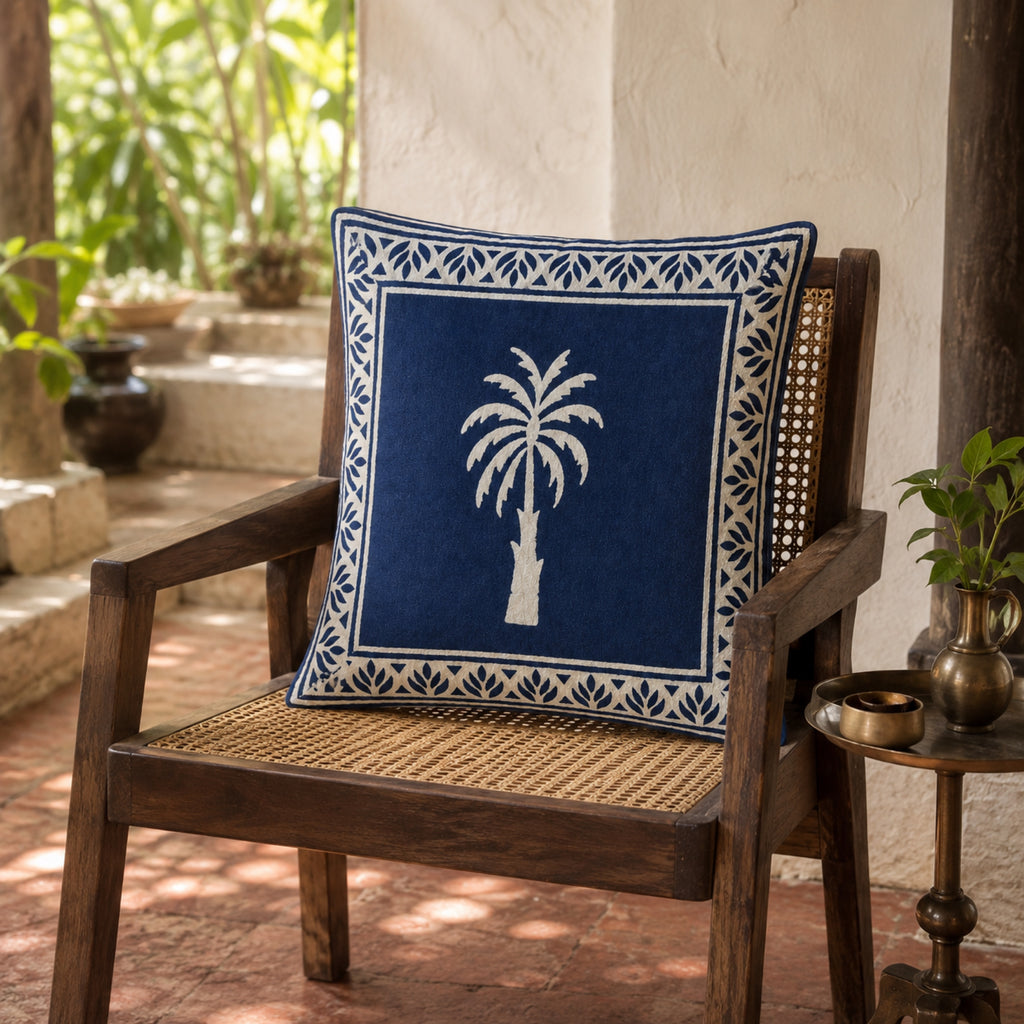 Indigo Palm Cushion Cover, styled in a seating or bedroom setting.