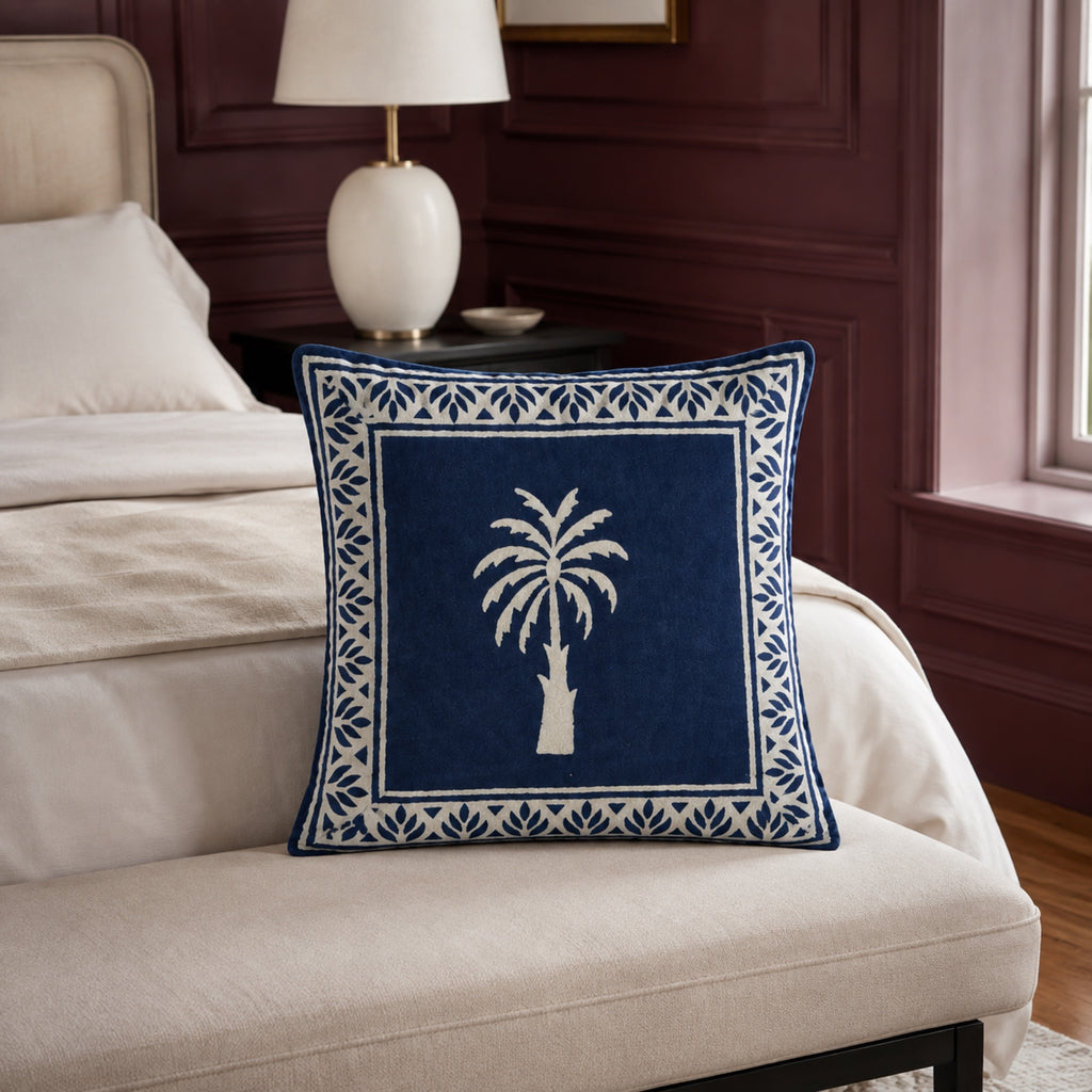 Indigo Palm Cushion Cover, styled in a seating or bedroom setting.