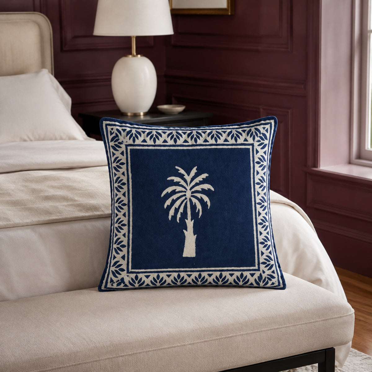 Indigo Palm Cushion Cover, styled in a seating or bedroom setting.