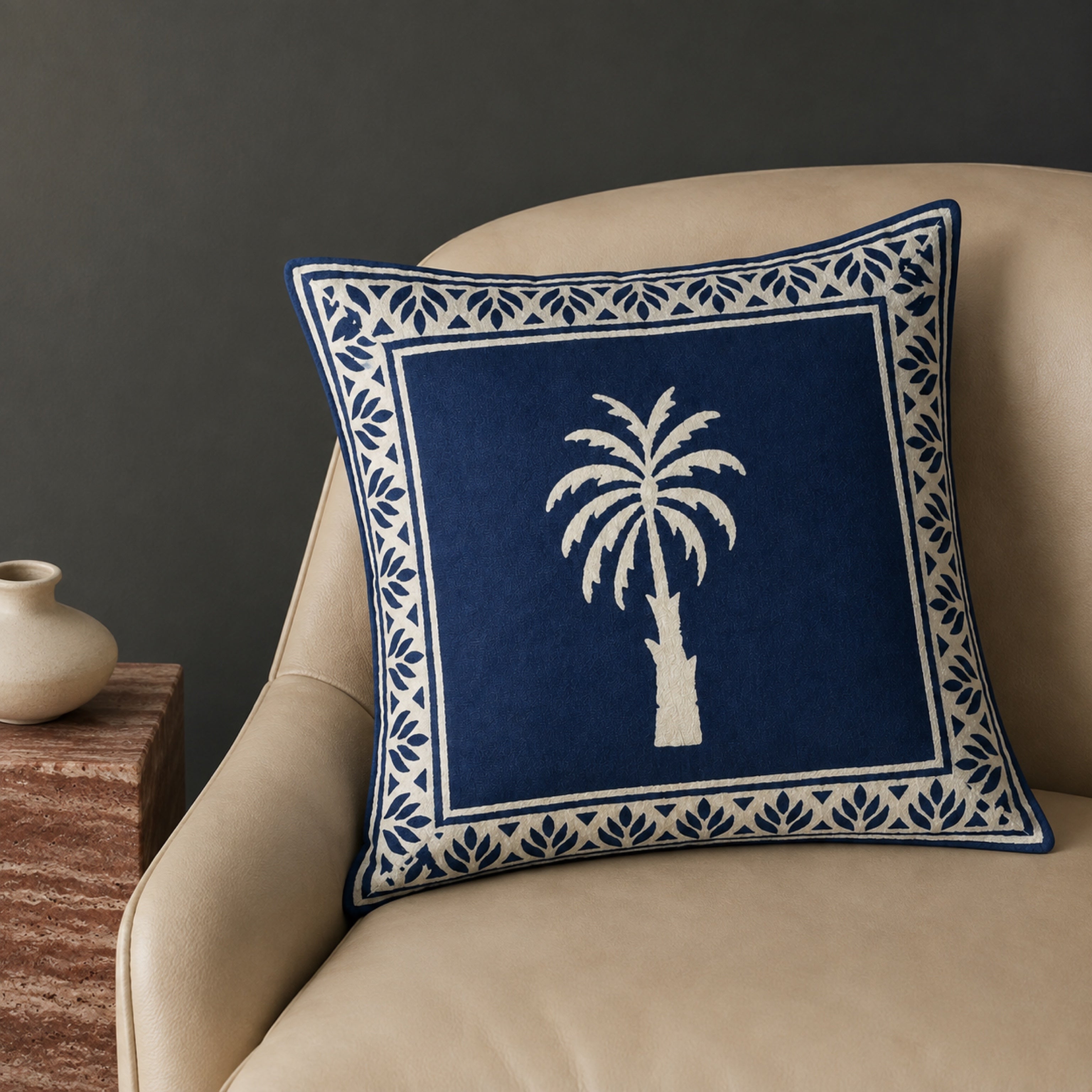Indigo Palm Cushion Cover, close-up of the print and edge details.