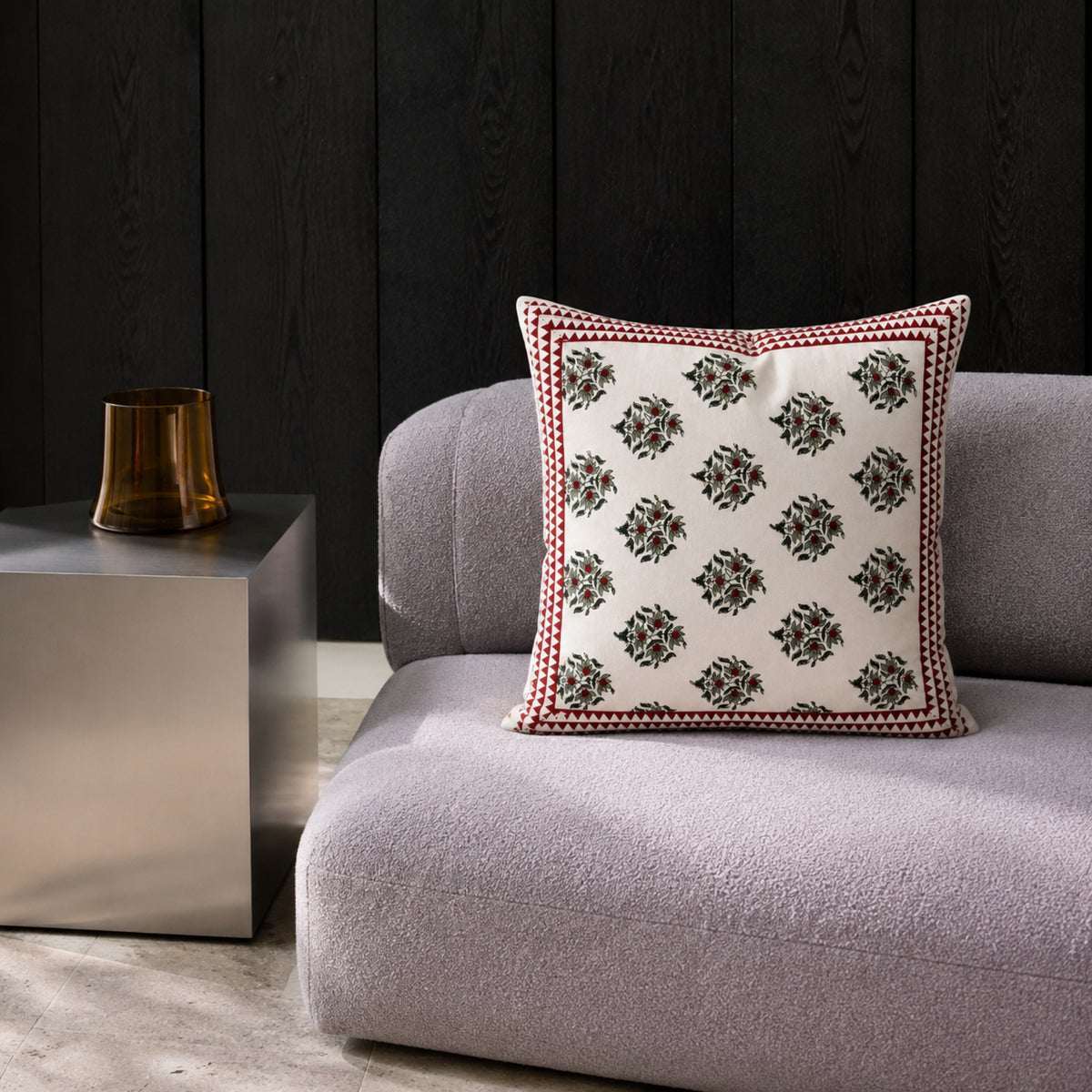 Red Berry Sprig Cushion Cover, styled in a seating or bedroom setting.