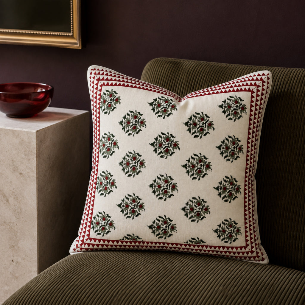 Red Berry Sprig Cushion Cover, close-up of the print and edge details.