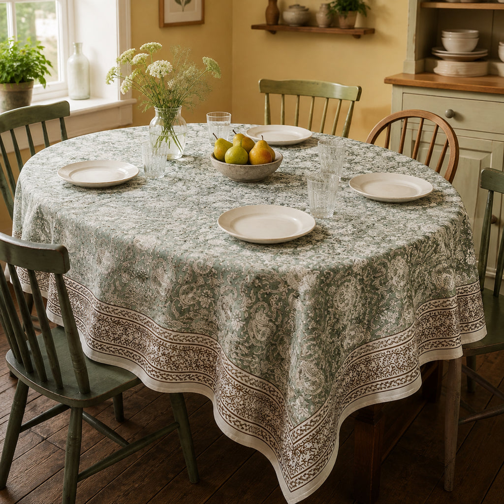 Sage Paisley Border Table Cover, styled on a dining table.