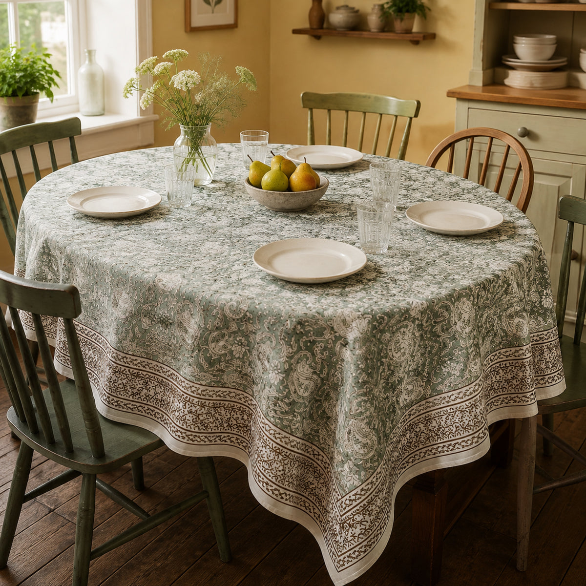 Sage Paisley Border Table Cover, styled on a dining table.