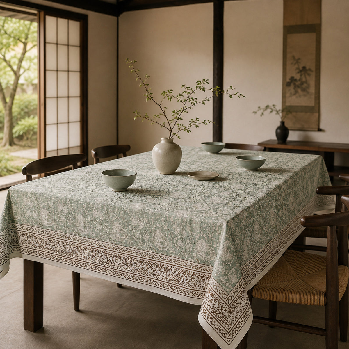 Sage Paisley Border Table Cover, styled on a dining table.