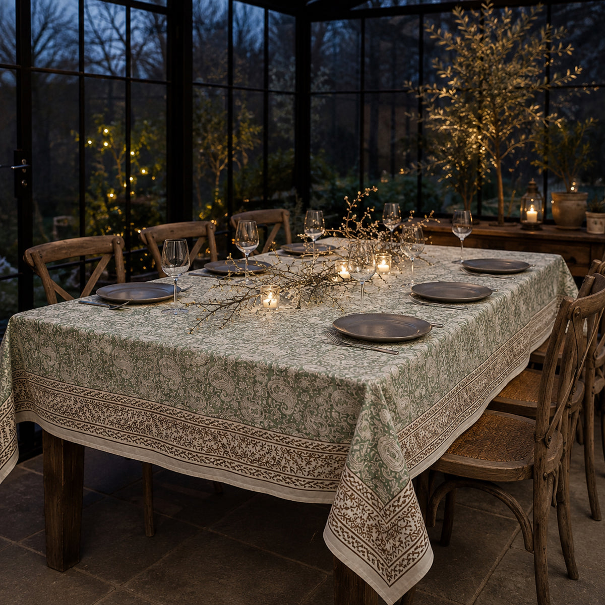 Sage Paisley Border Table Cover, styled on a dining table.