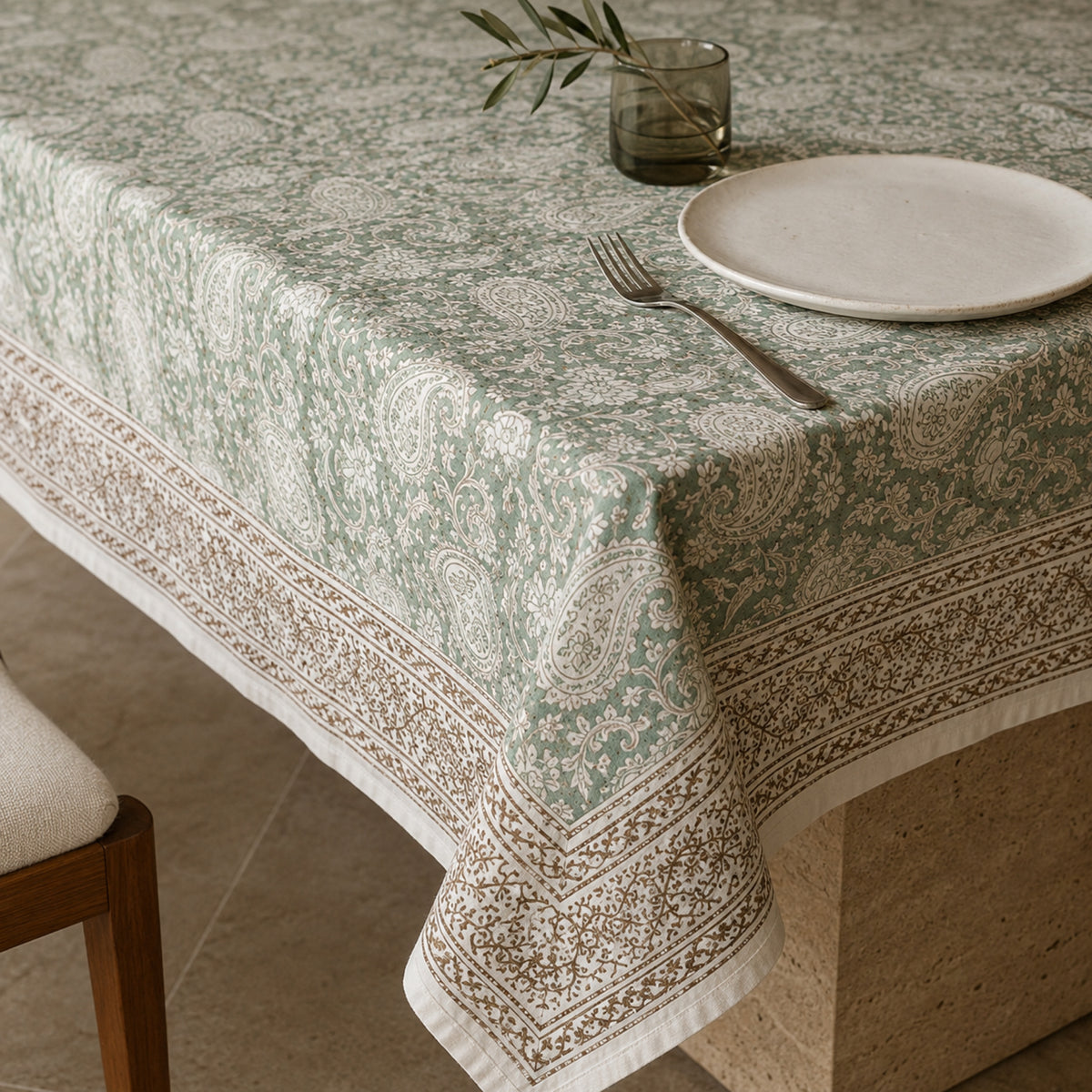 Sage Paisley Border Table Cover, close-up of the print and edge details.