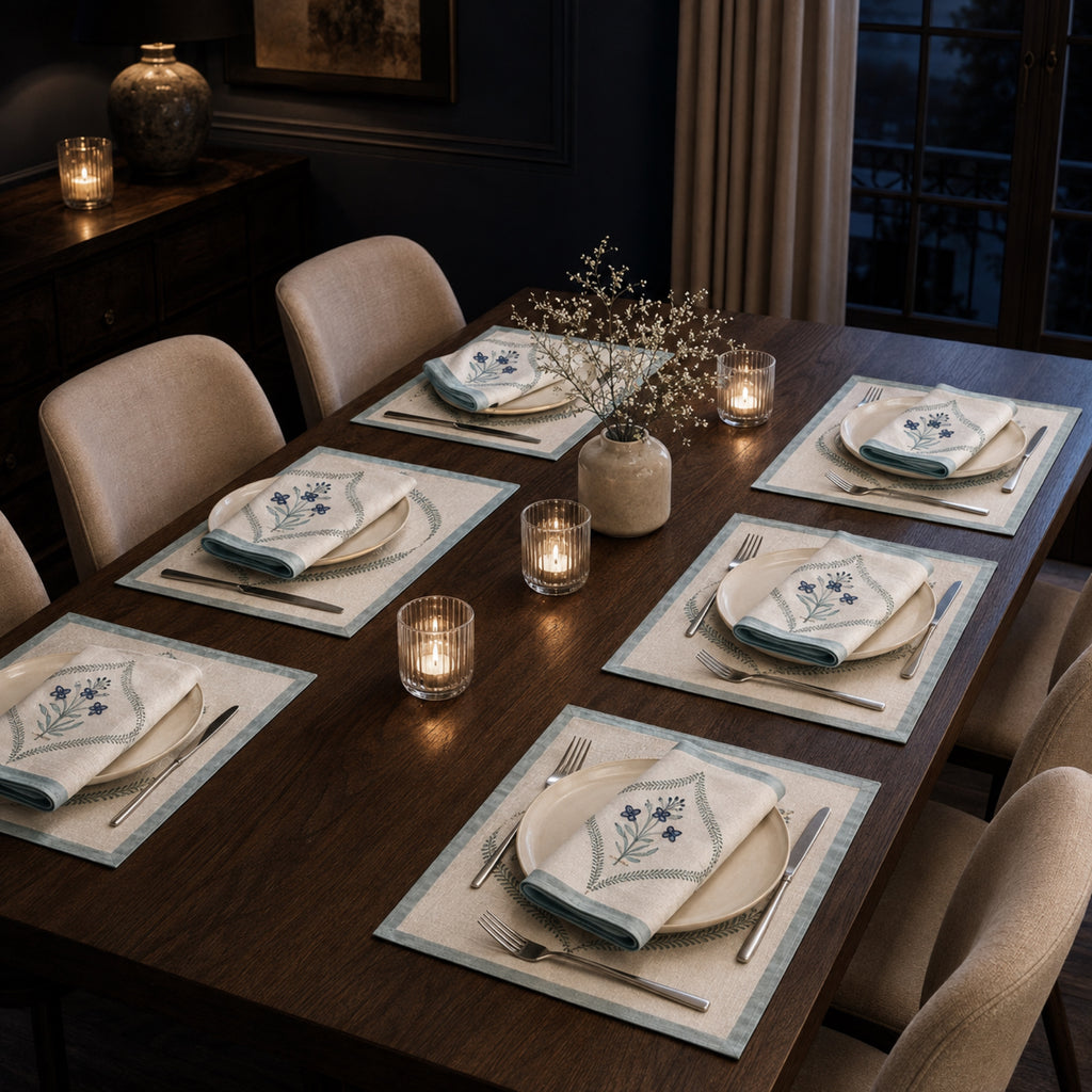 Powder Blue Botanical Wreath Mat & Napkin Set, styled on a dining table.