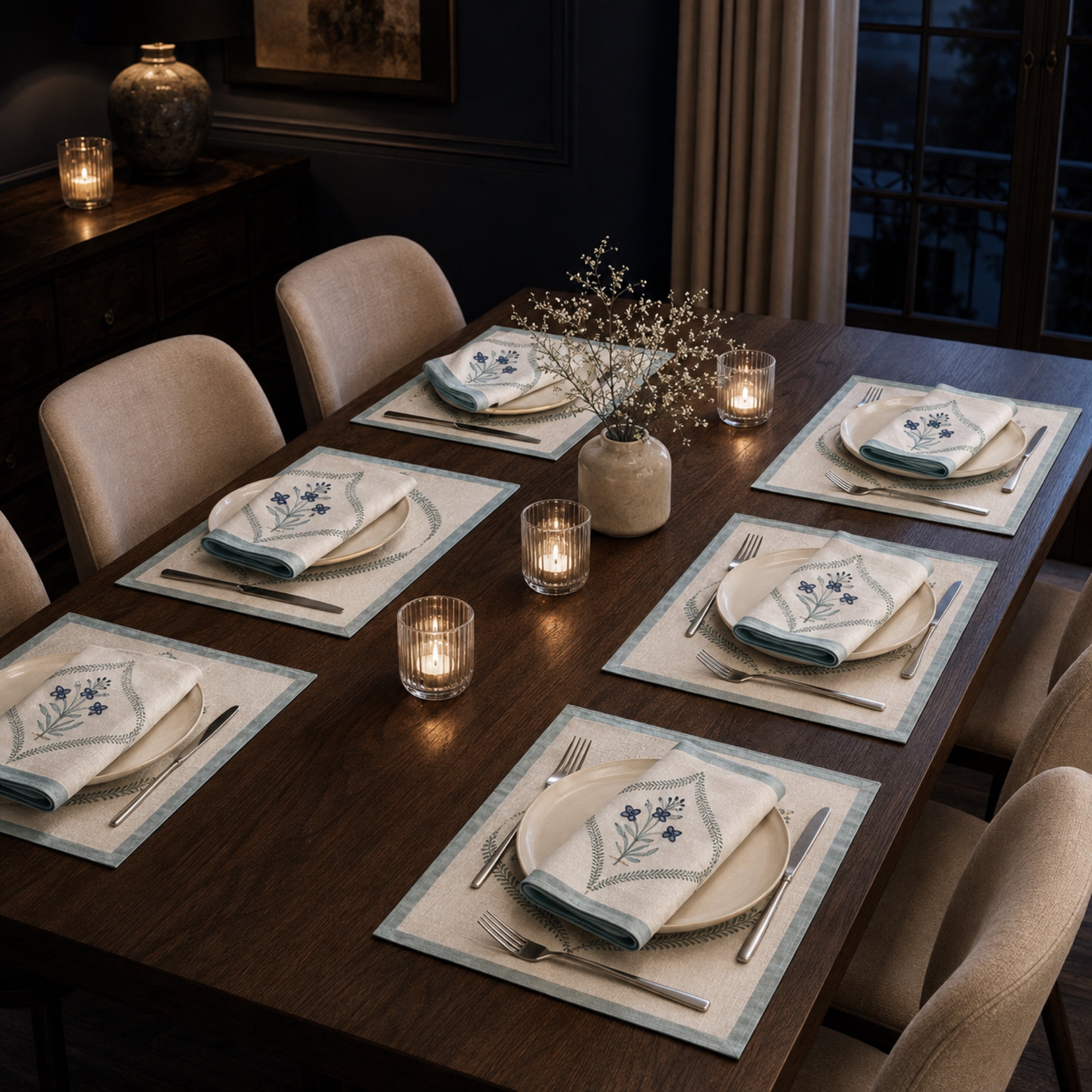 Powder Blue Botanical Wreath Mat & Napkin Set, styled on a dining table.