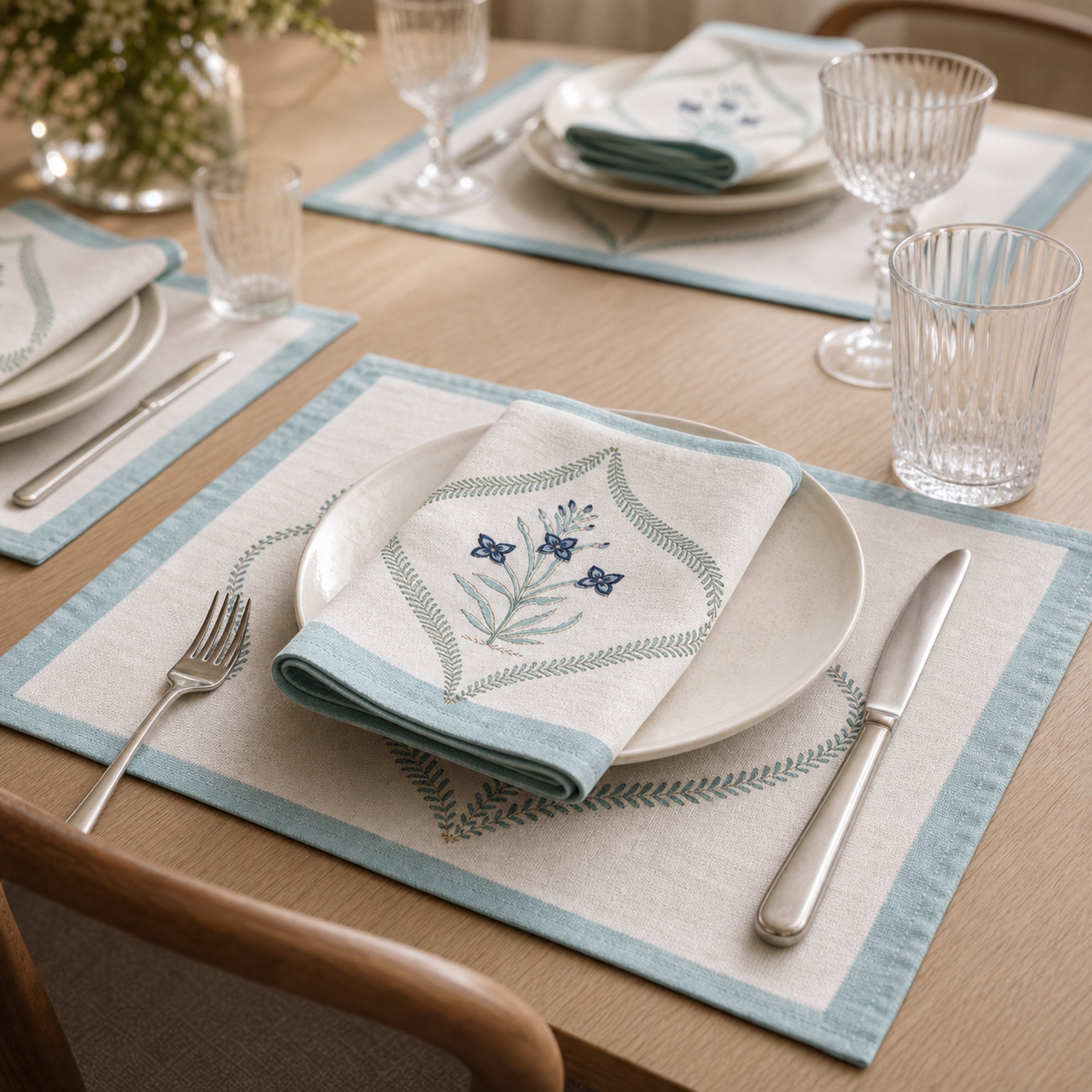Powder Blue Botanical Wreath Mat & Napkin Set, close-up of the print and edge details.