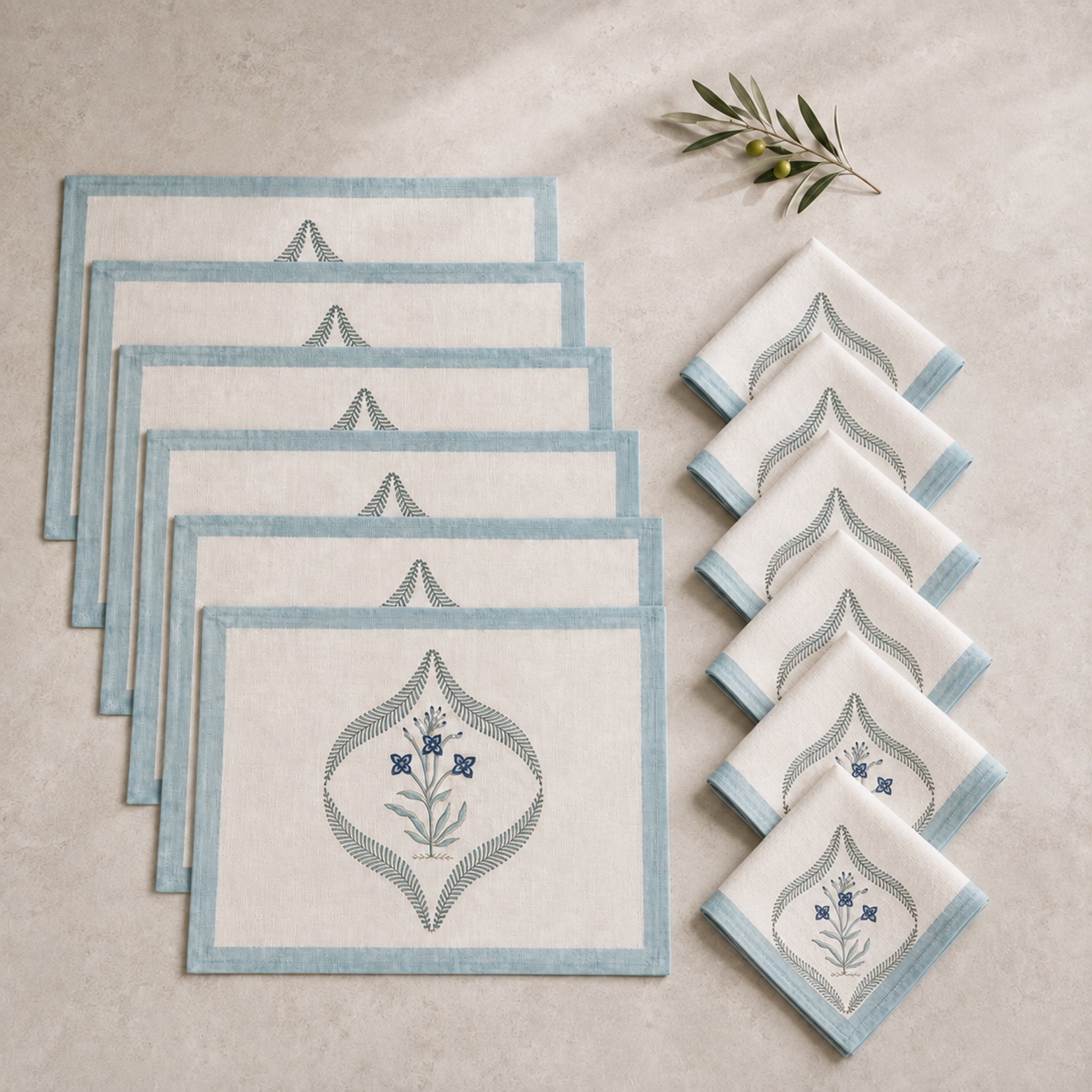 Powder Blue Botanical Wreath Mat & Napkin Set, coordinated set display.