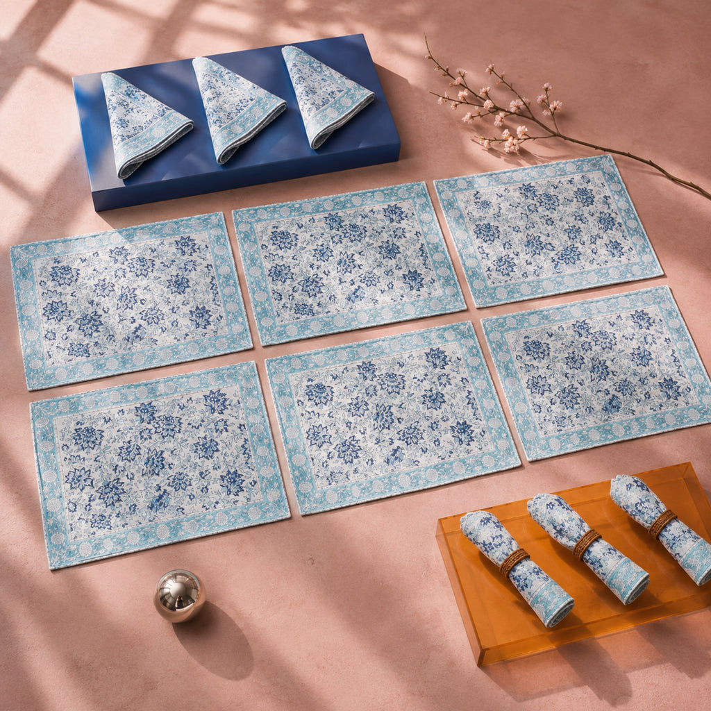 Sky Blue Floral Mat & Napkin Set, coordinated set display.