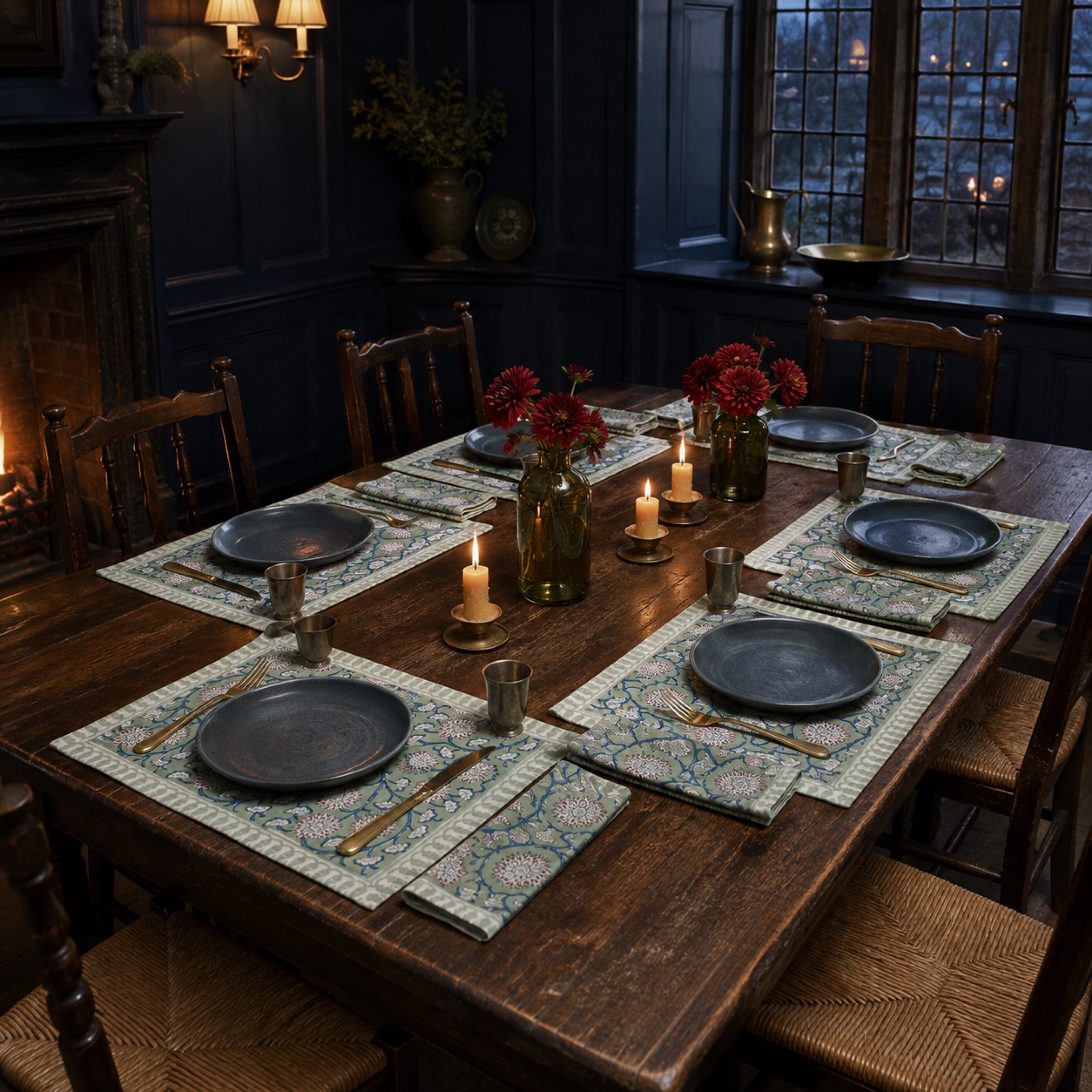 Sage Pom-Pom Floral Mat & Napkin Set, styled on a dining table.