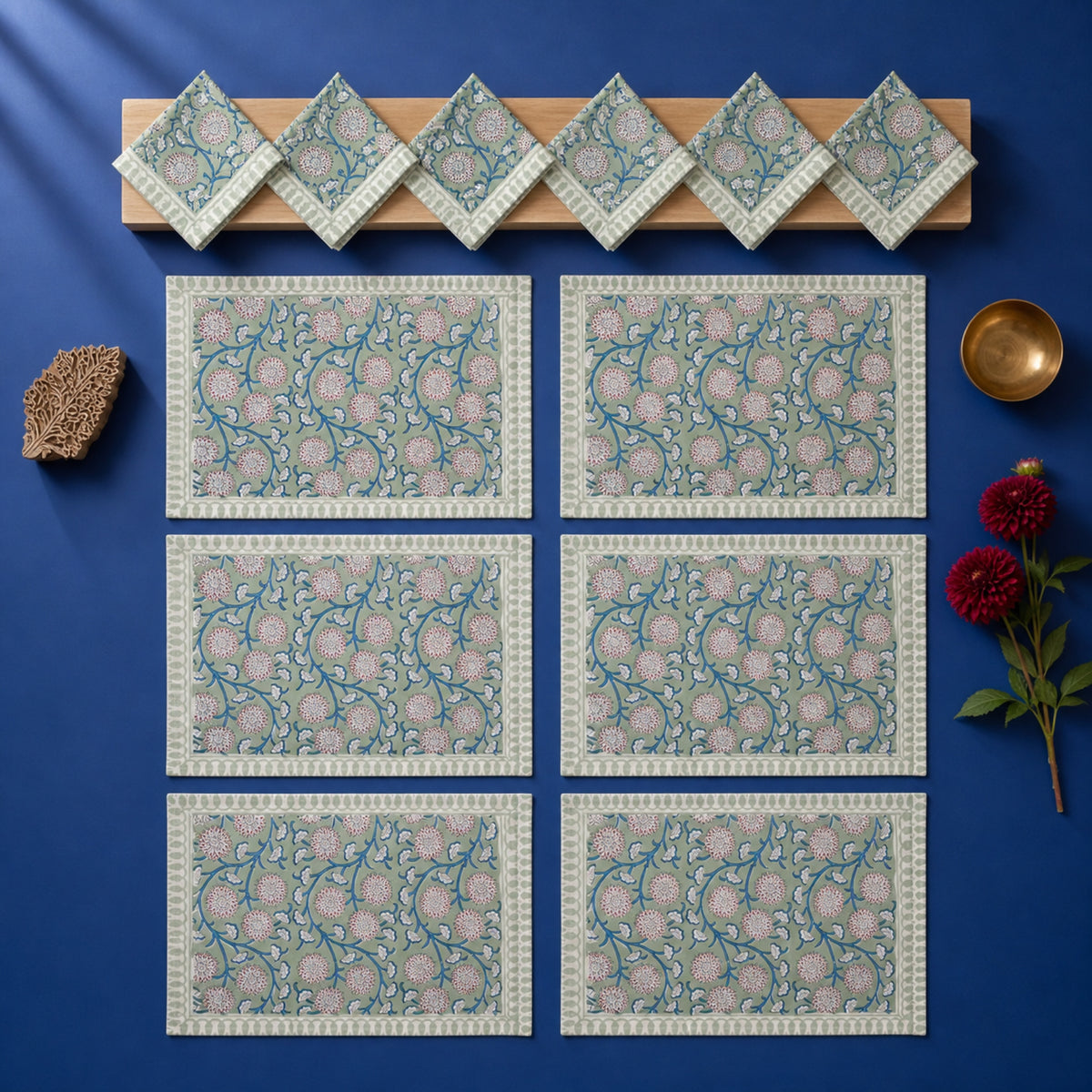 Sage Pom-Pom Floral Mat & Napkin Set, coordinated set display.