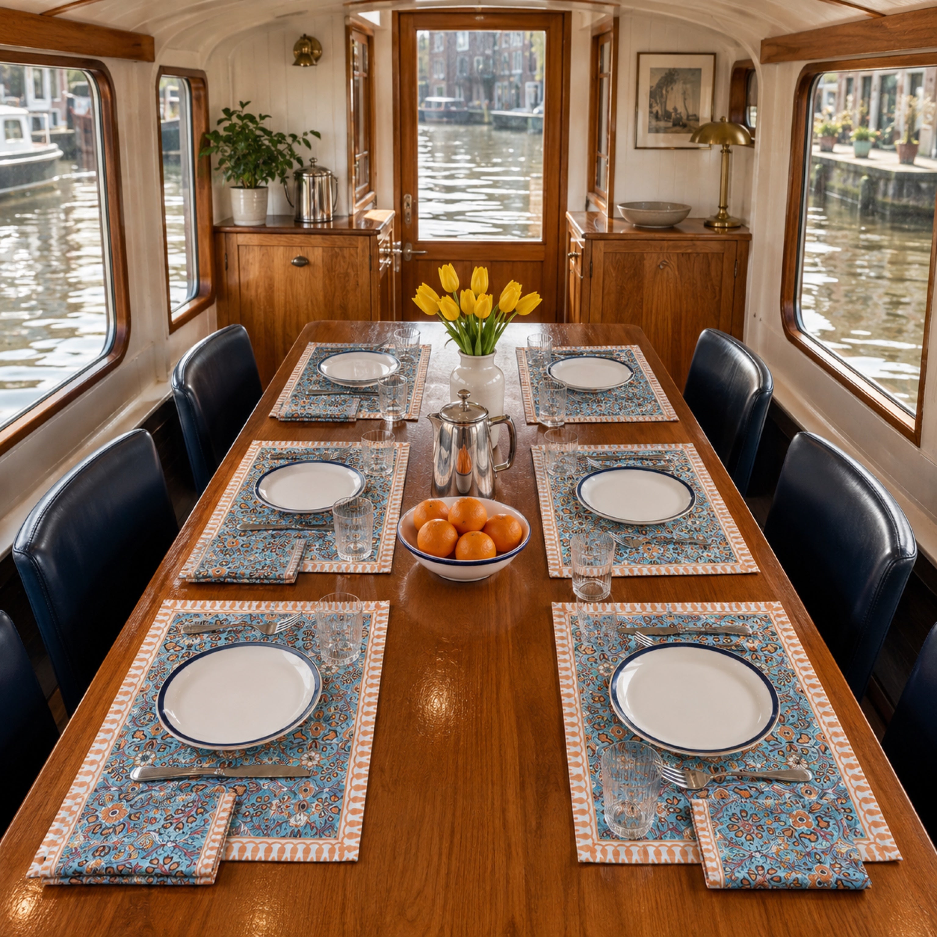 Turquoise Orange Floral Mat & Napkin Set, styled on a dining table.