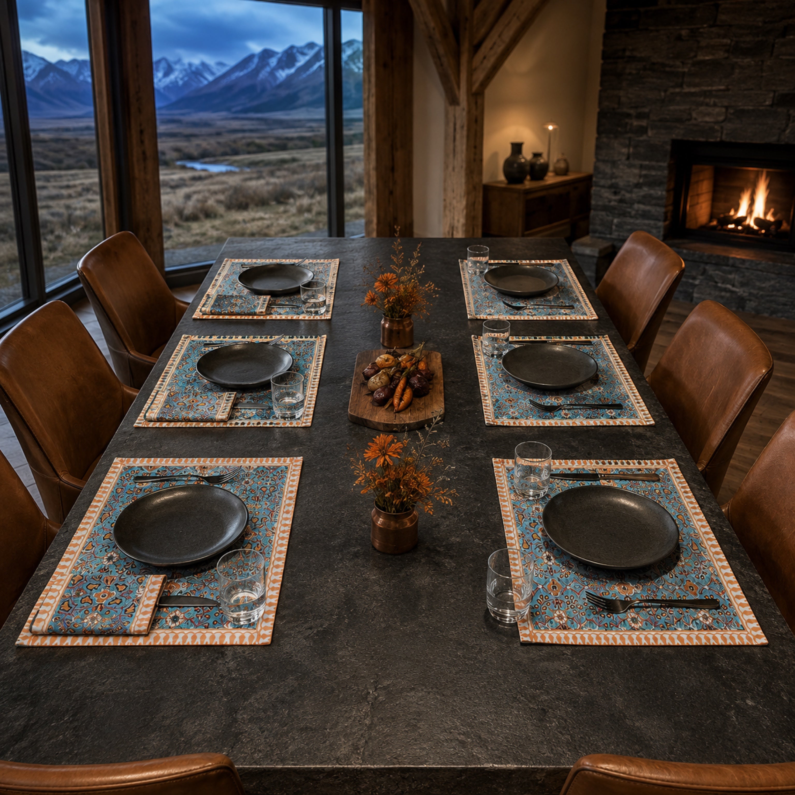 Turquoise Orange Floral Mat & Napkin Set, styled on a dining table.