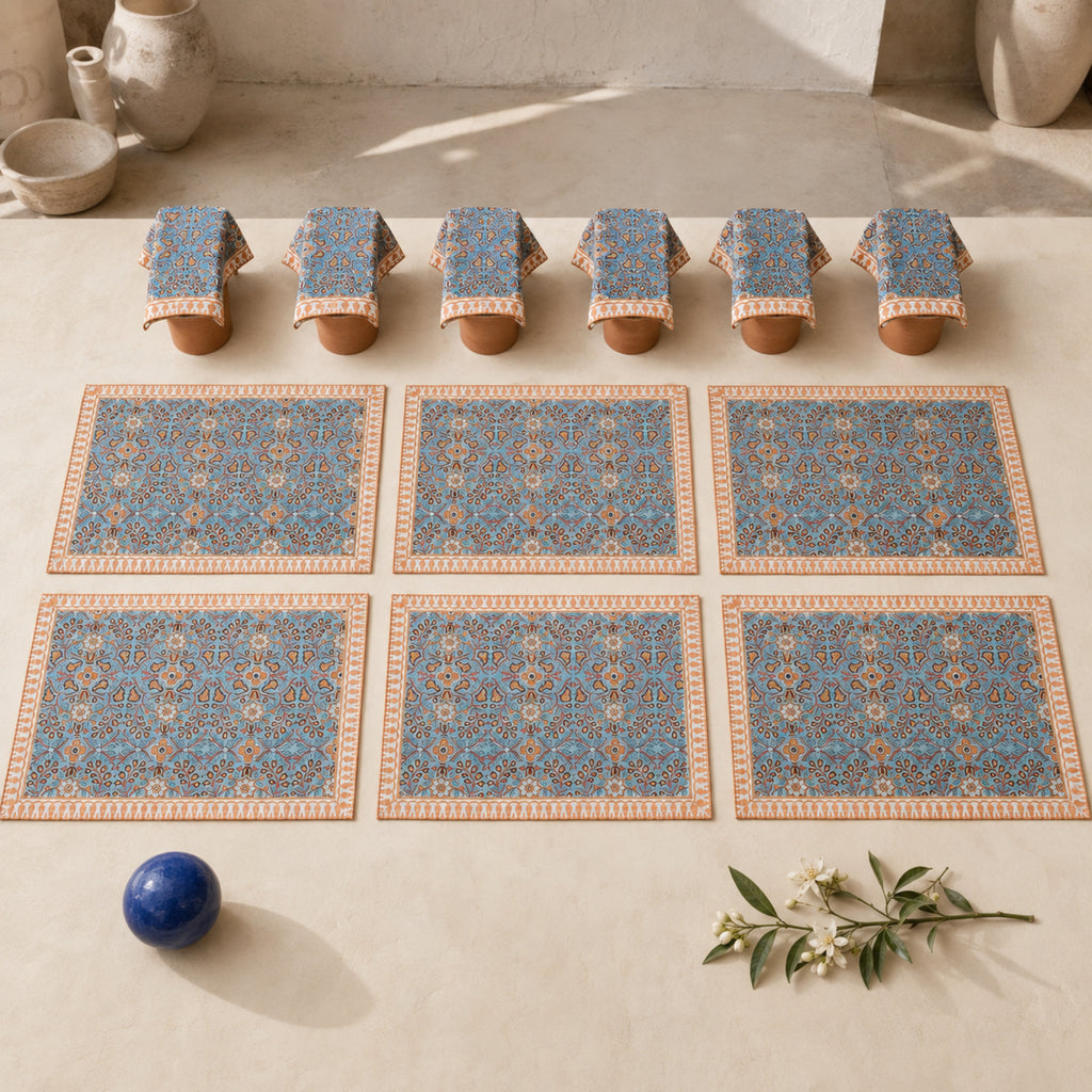 Turquoise Orange Floral Mat & Napkin Set, coordinated set display.