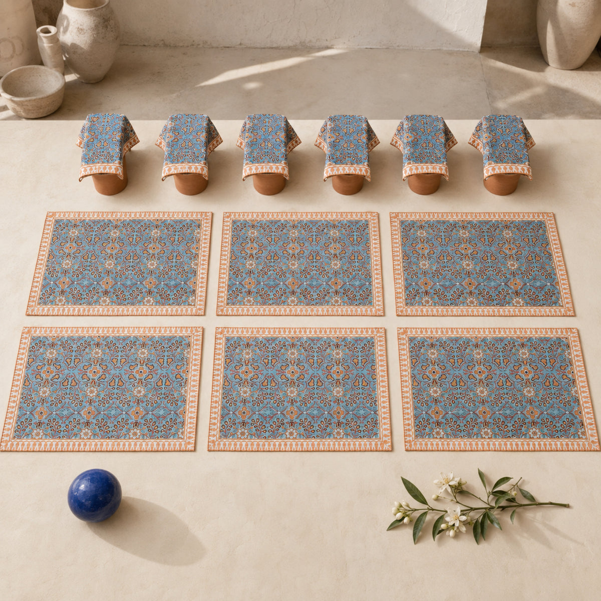 Turquoise Orange Floral Mat & Napkin Set, coordinated set display.