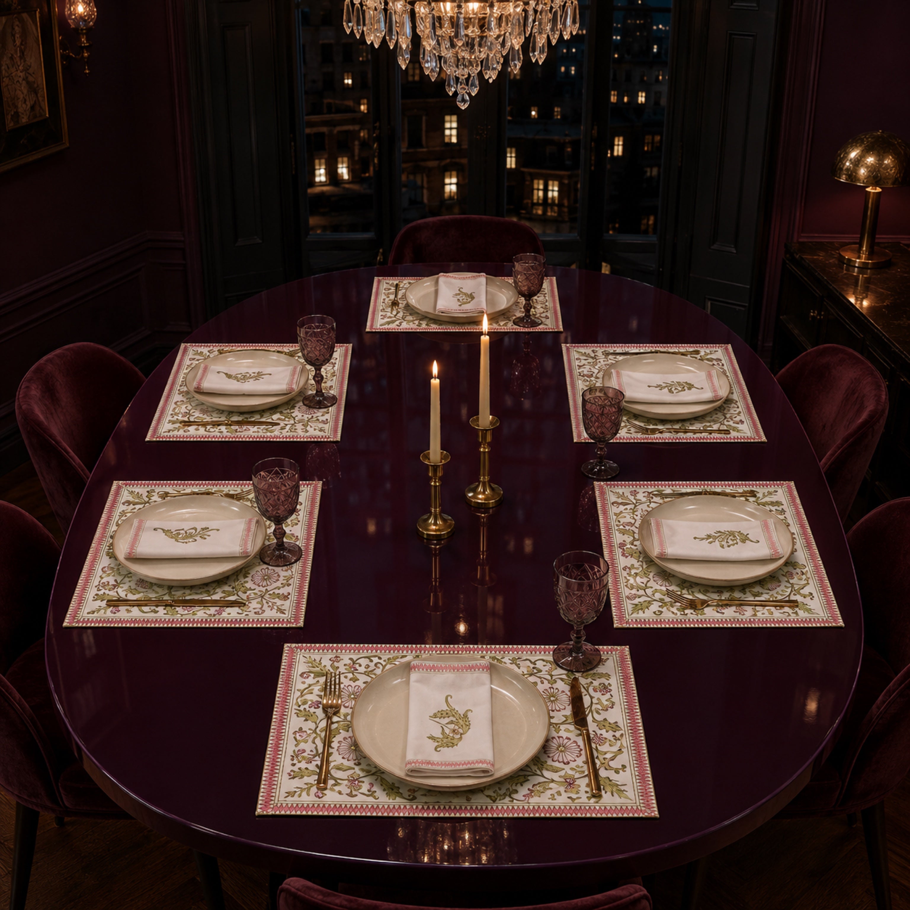 Olive Pink Floral Mat & Napkin Set, styled on a dining table.