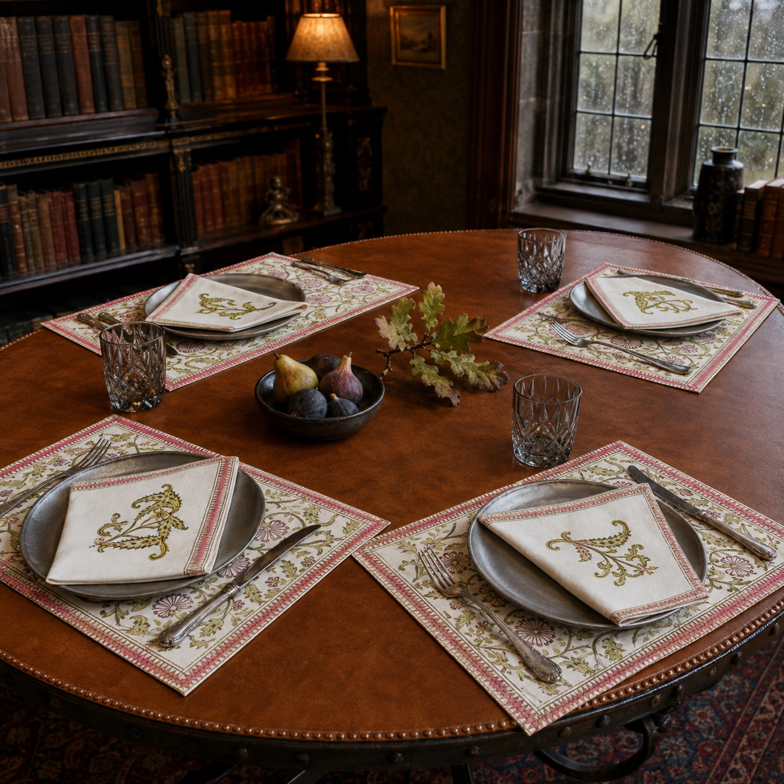 Olive Pink Floral Mat & Napkin Set, styled on a dining table.